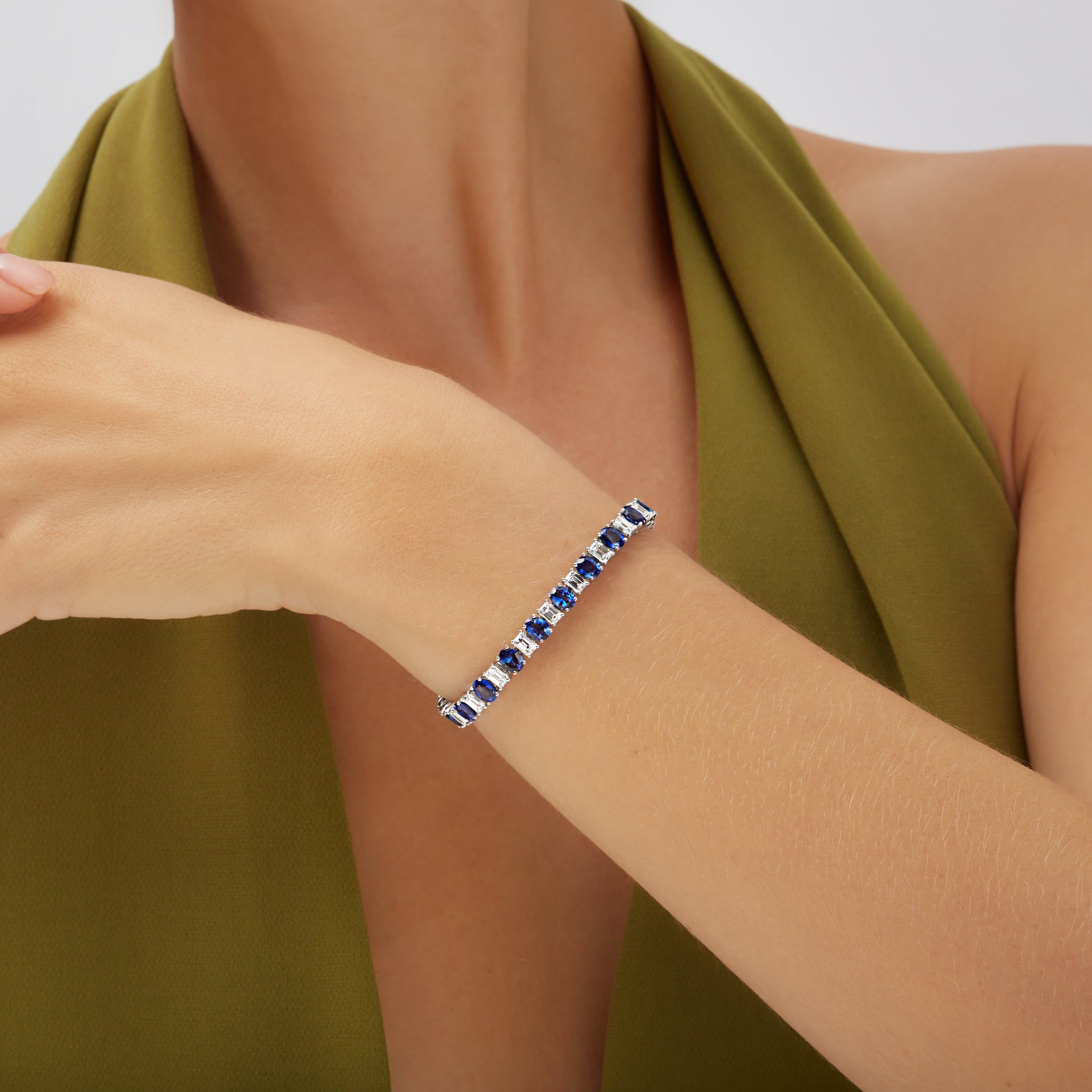 15.08 Oval Cut Sapphire & Emerald Cut Diamond Tennis Bracelet in 18K White Gold