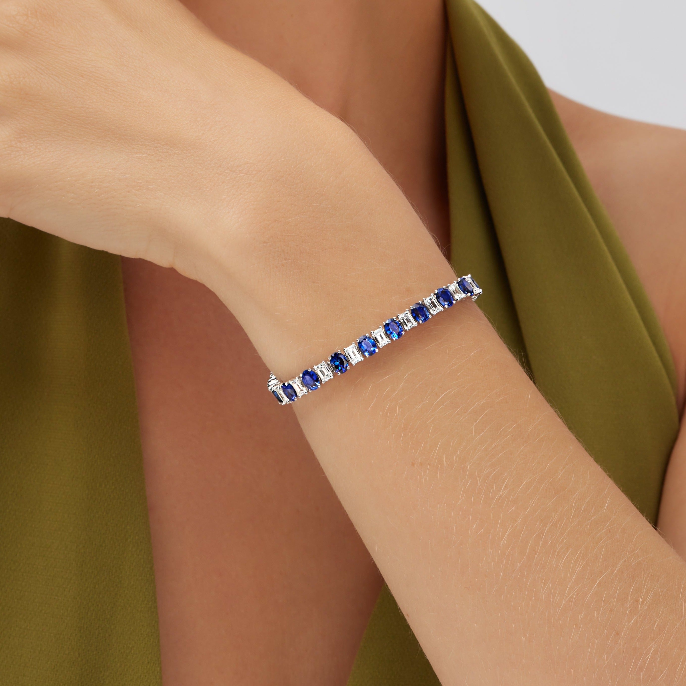 15.08 Oval Cut Sapphire & Emerald Cut Diamond Tennis Bracelet in 18K White Gold