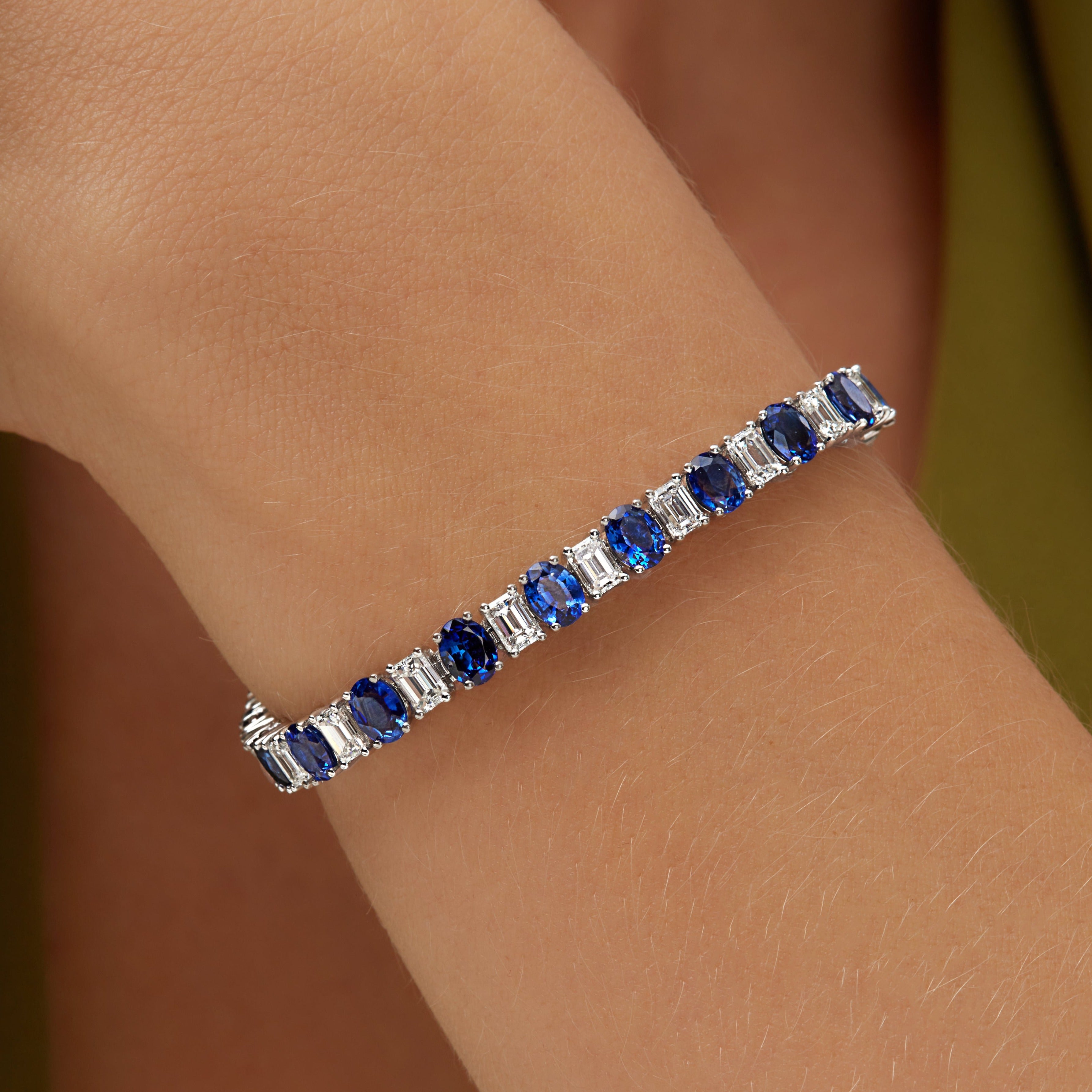 15.08 Oval Cut Sapphire & Emerald Cut Diamond Tennis Bracelet in 18K White Gold