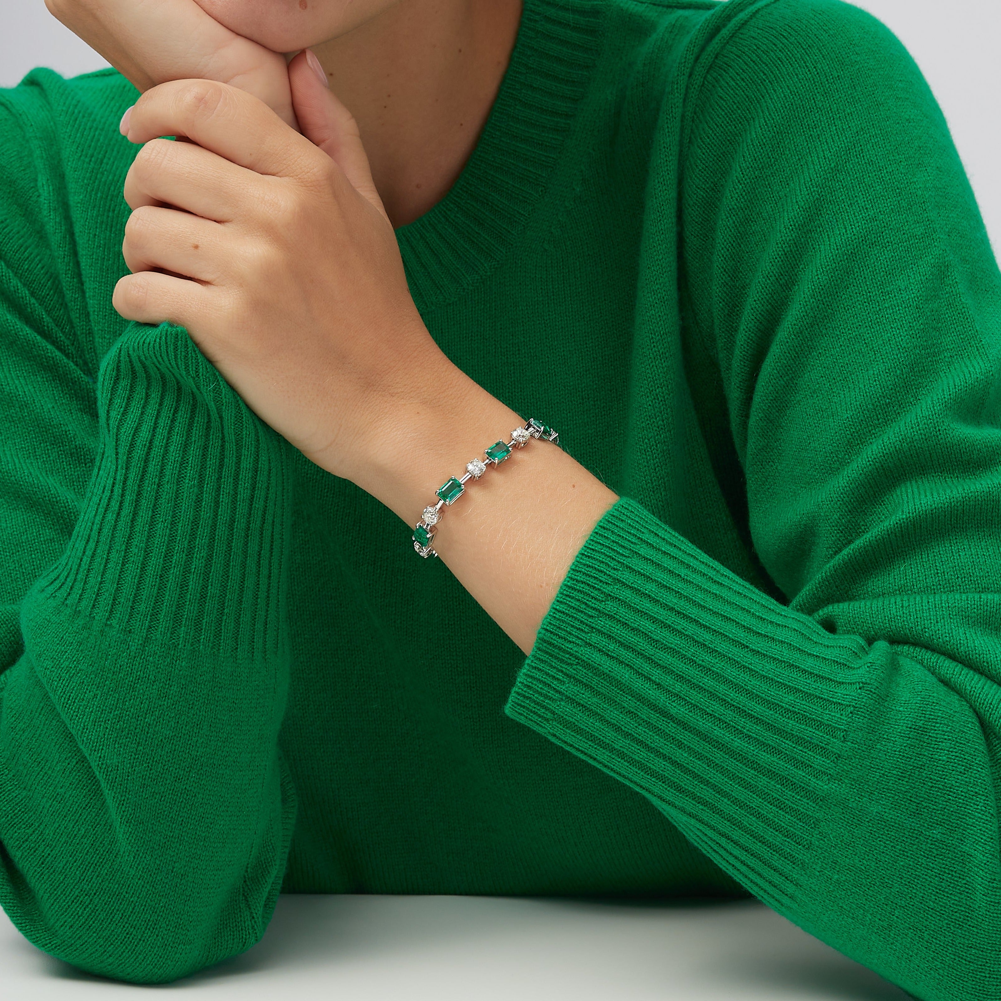 12.69ctw Alternating Emerald Cut Emerald and Round Brilliant Cut Diamond Tennis Bracelet in 18K White Gold