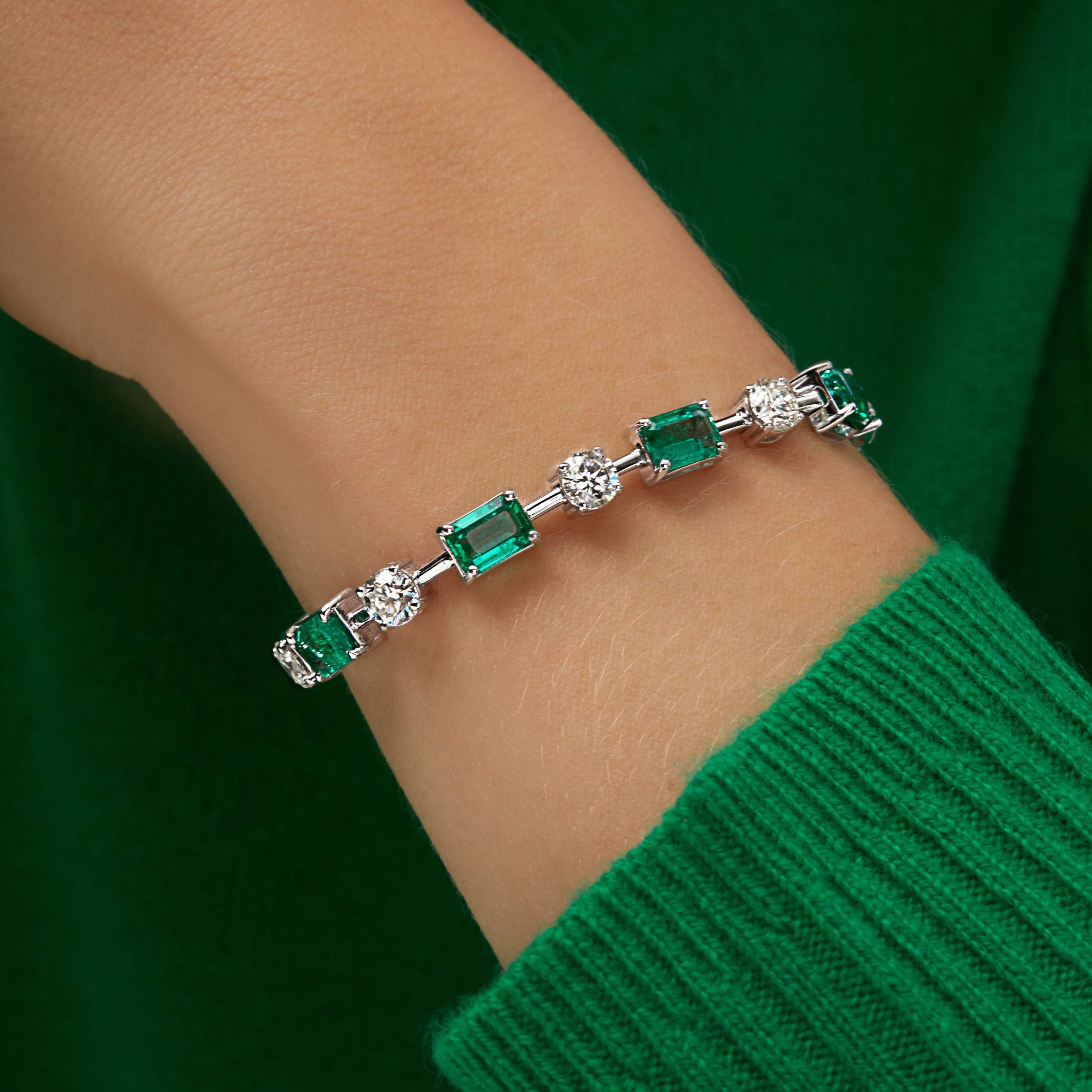 12.69ctw Alternating Emerald Cut Emerald and Round Brilliant Cut Diamond Tennis Bracelet in 18K White Gold