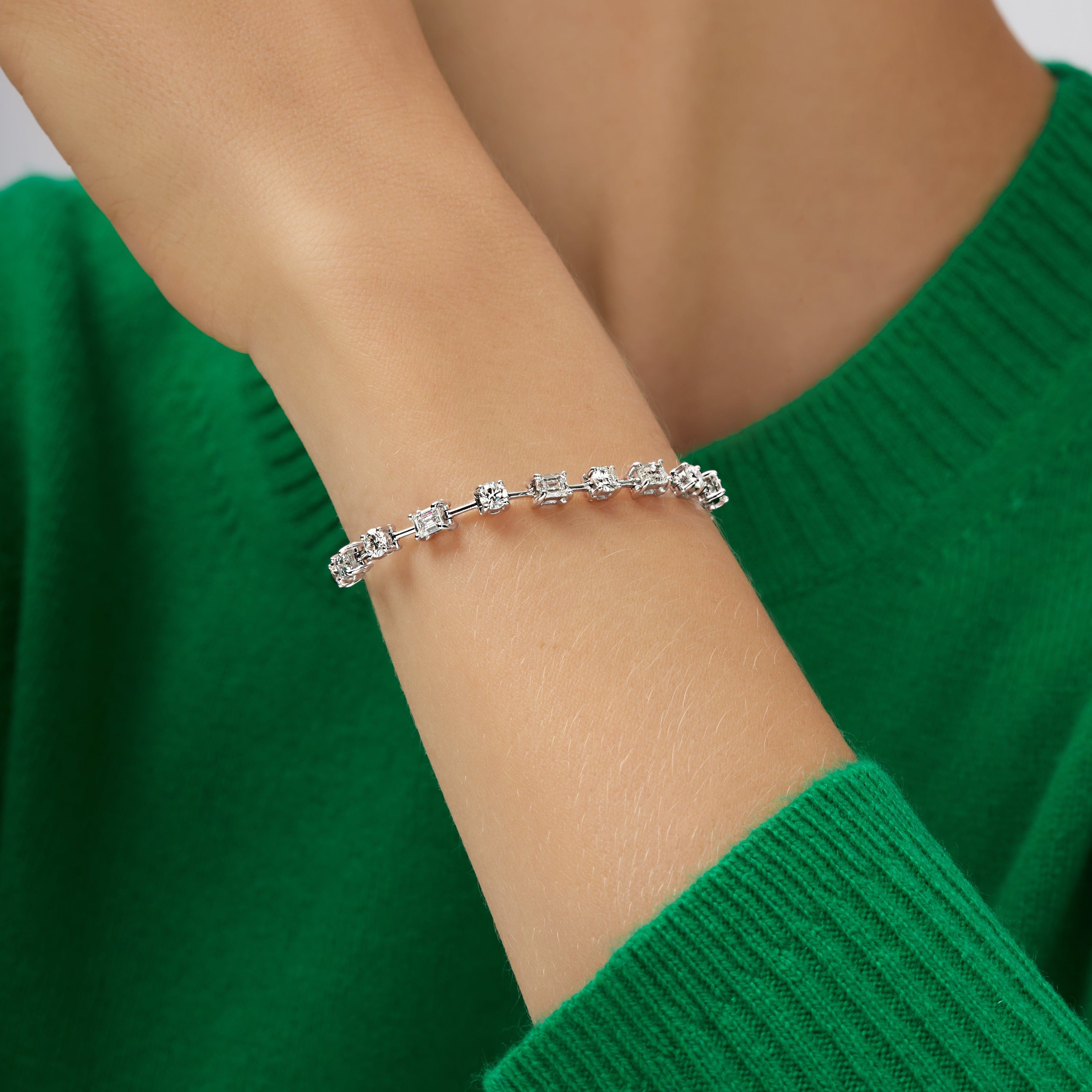 5.51ctw Alternating East-West Emerald Cut and Round Brilliant Cut Diamond Tennis Bracelet in 18K White Gold