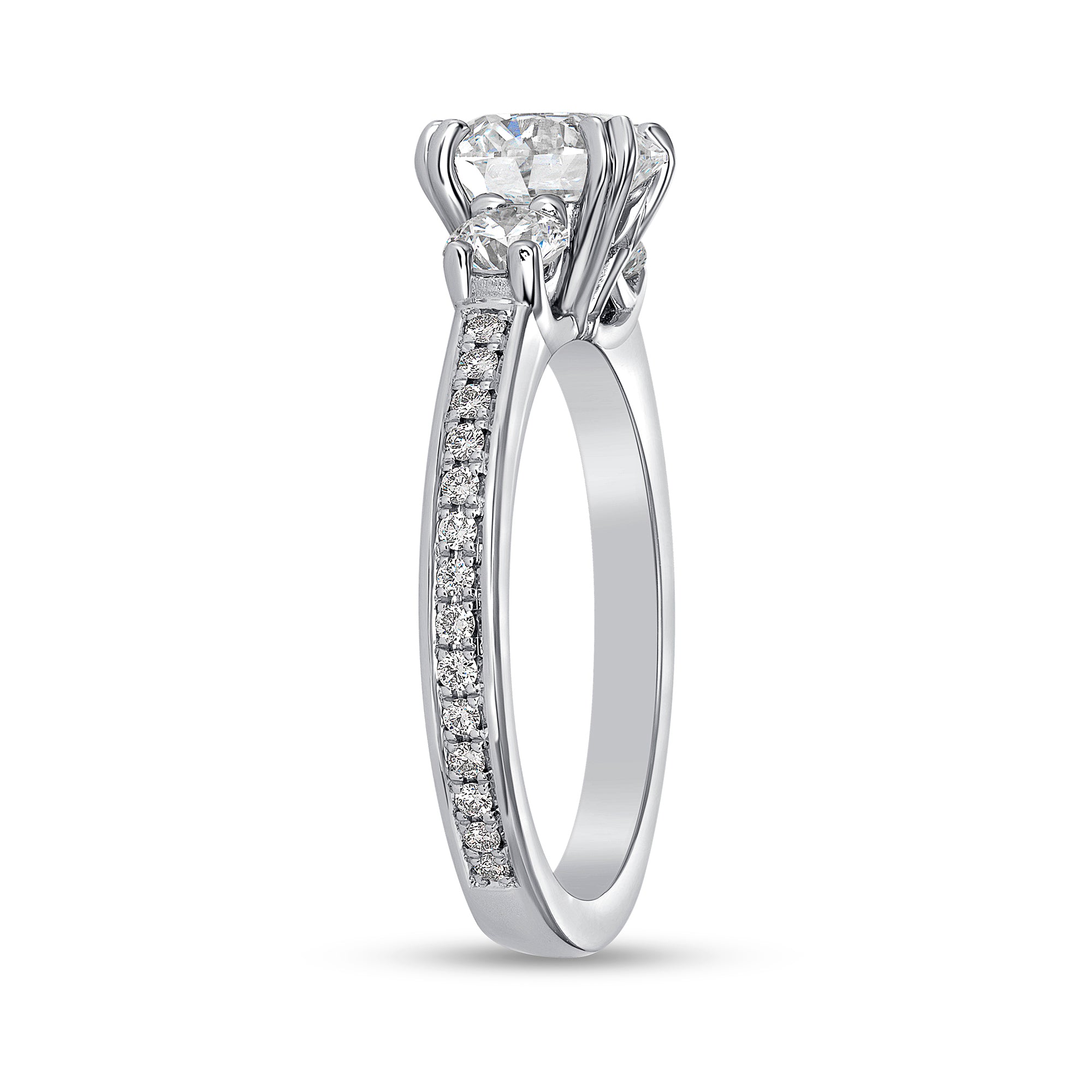 Round Cut Diamond Three Stone Ring in Channel Set White Gold Band