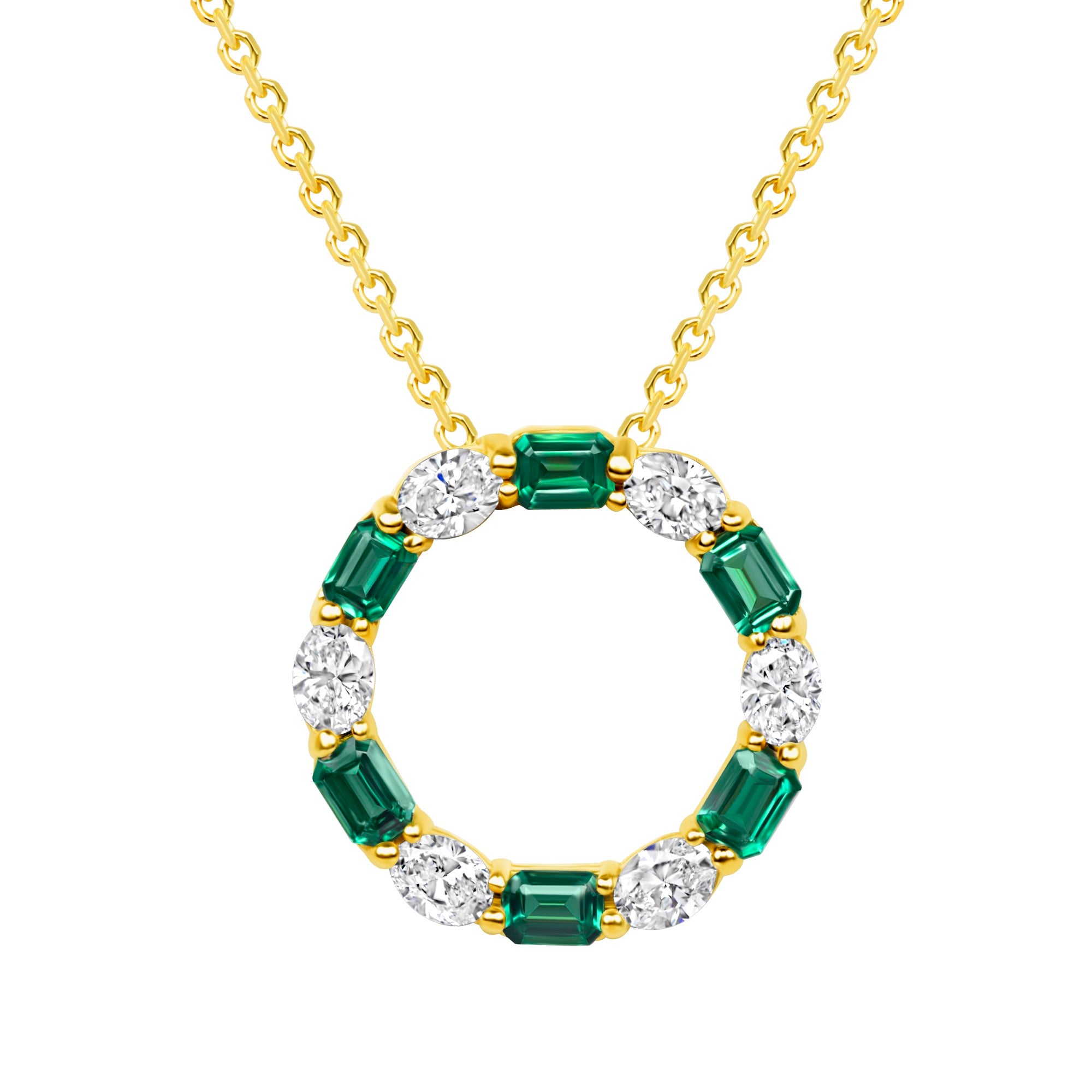 Circle Emerald and Diamond Pendant Necklace in 18K Yellow Gold
