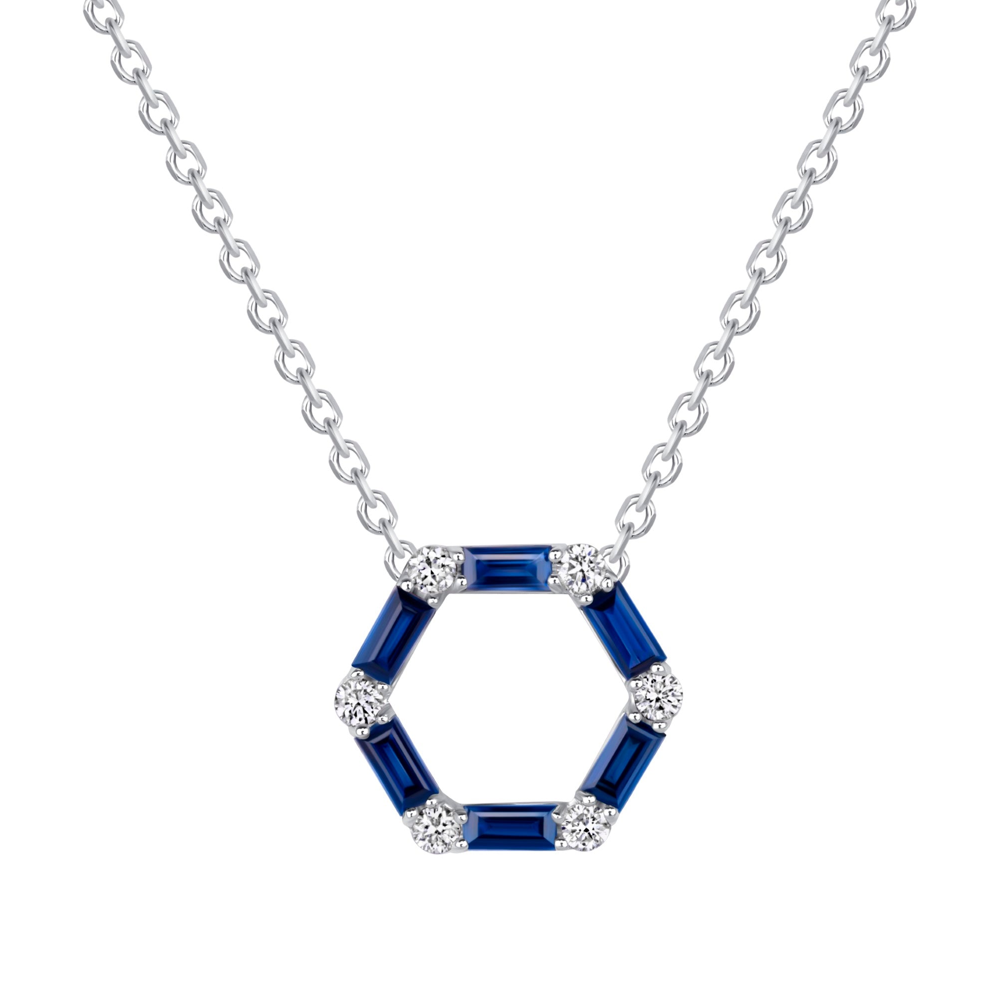 Hexagon Sapphire and Diamond Pendant Necklace in 18K White Gold