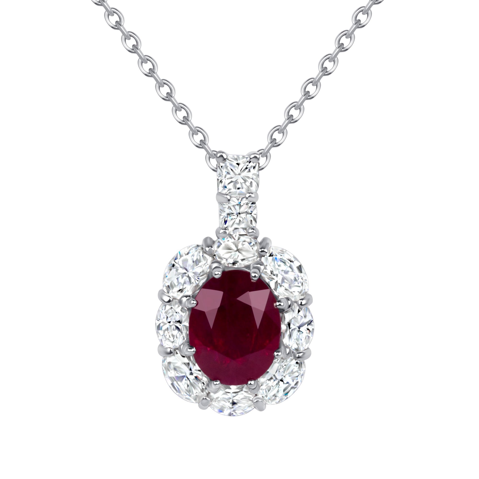 Ruby and Diamond Halo Pendant Necklace in 18K White Gold