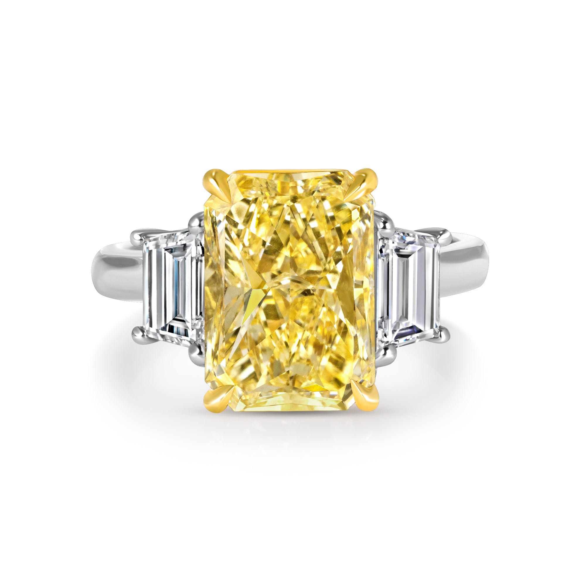 Radiant Cut Fancy Yellow Diamond and Trapezoid Diamond Side Stones Three Stone Ring in 18 Karat Yellow Gold and Platinum