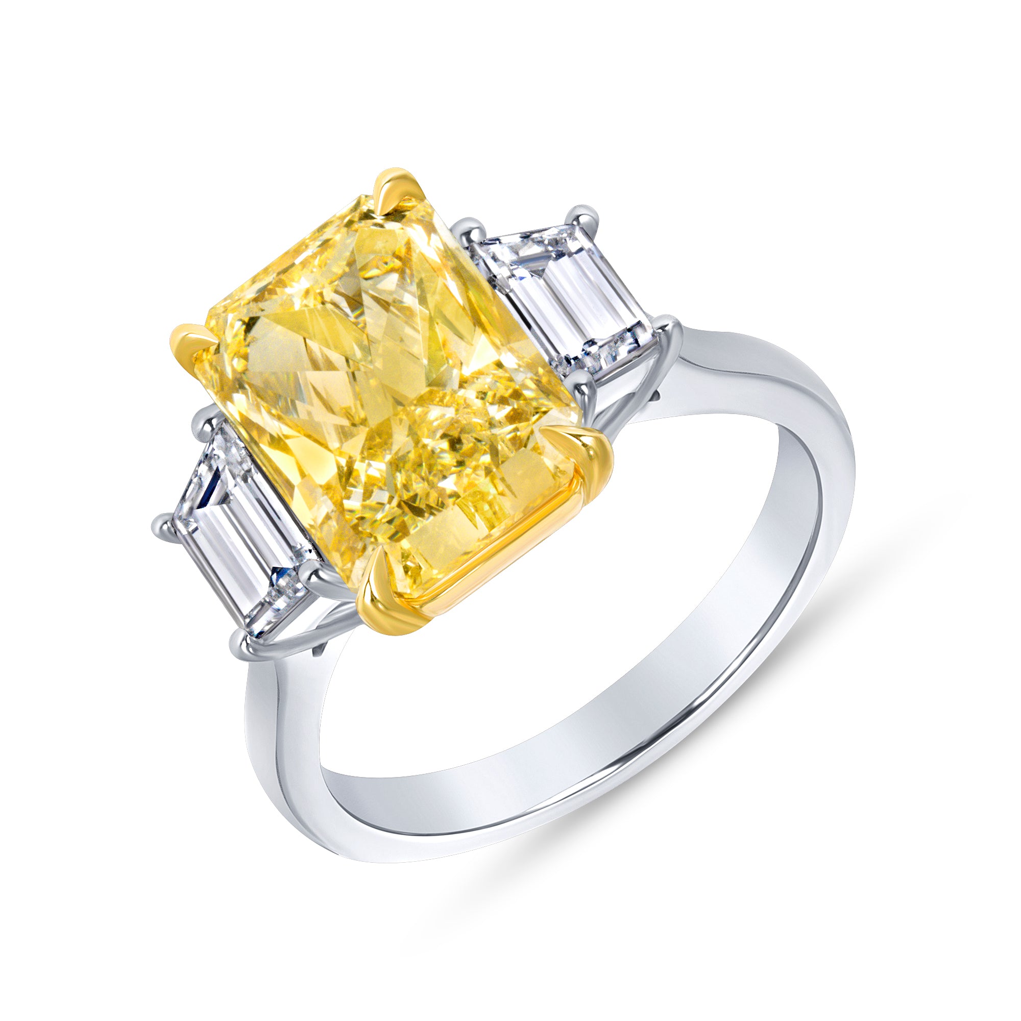 Radiant Cut Fancy Yellow Diamond and Trapezoid Diamond Side Stones Three Stone Ring in 18 Karat Yellow Gold and Platinum