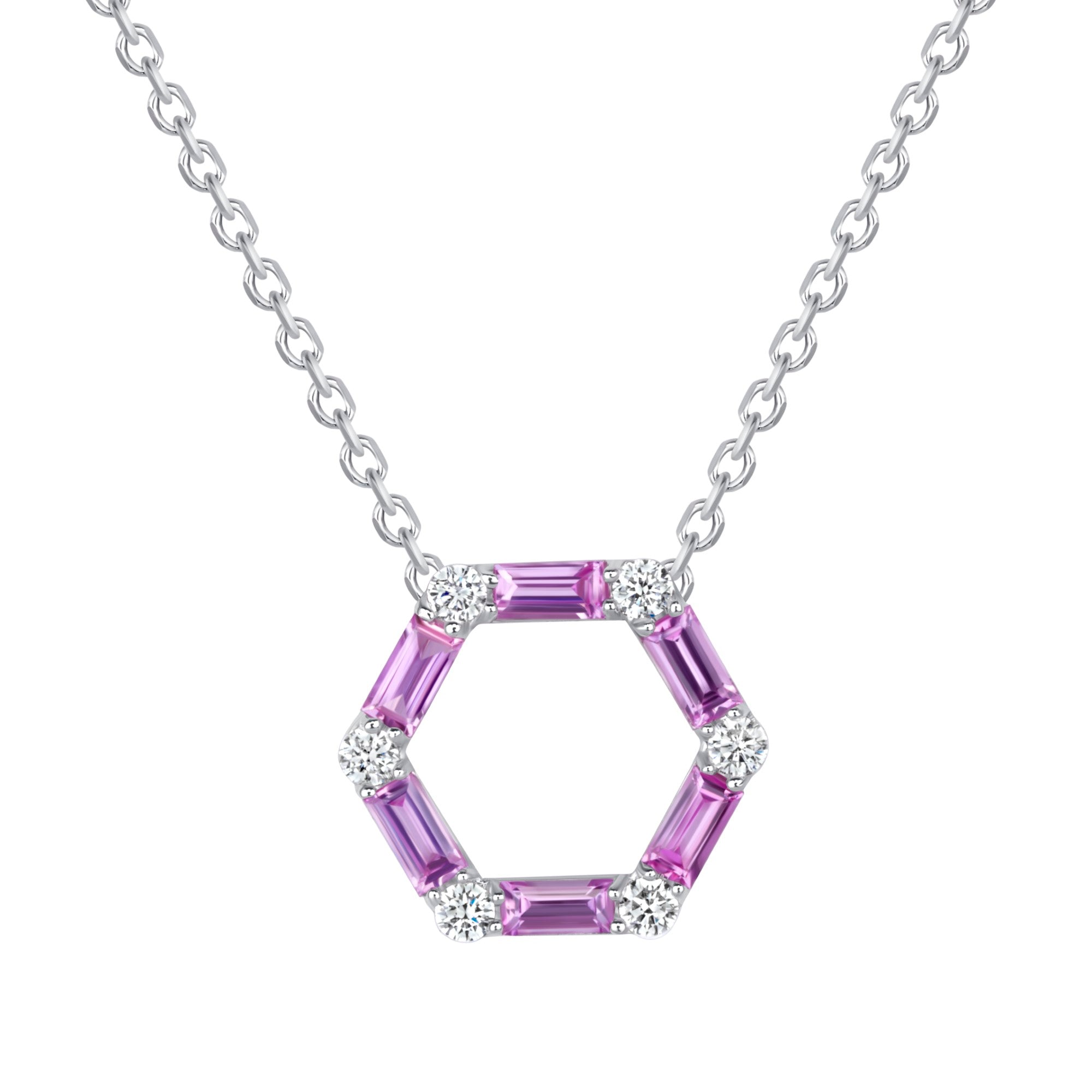 Hexagon Pink Sapphire and Diamond Pendant Necklace in 18K White Gold