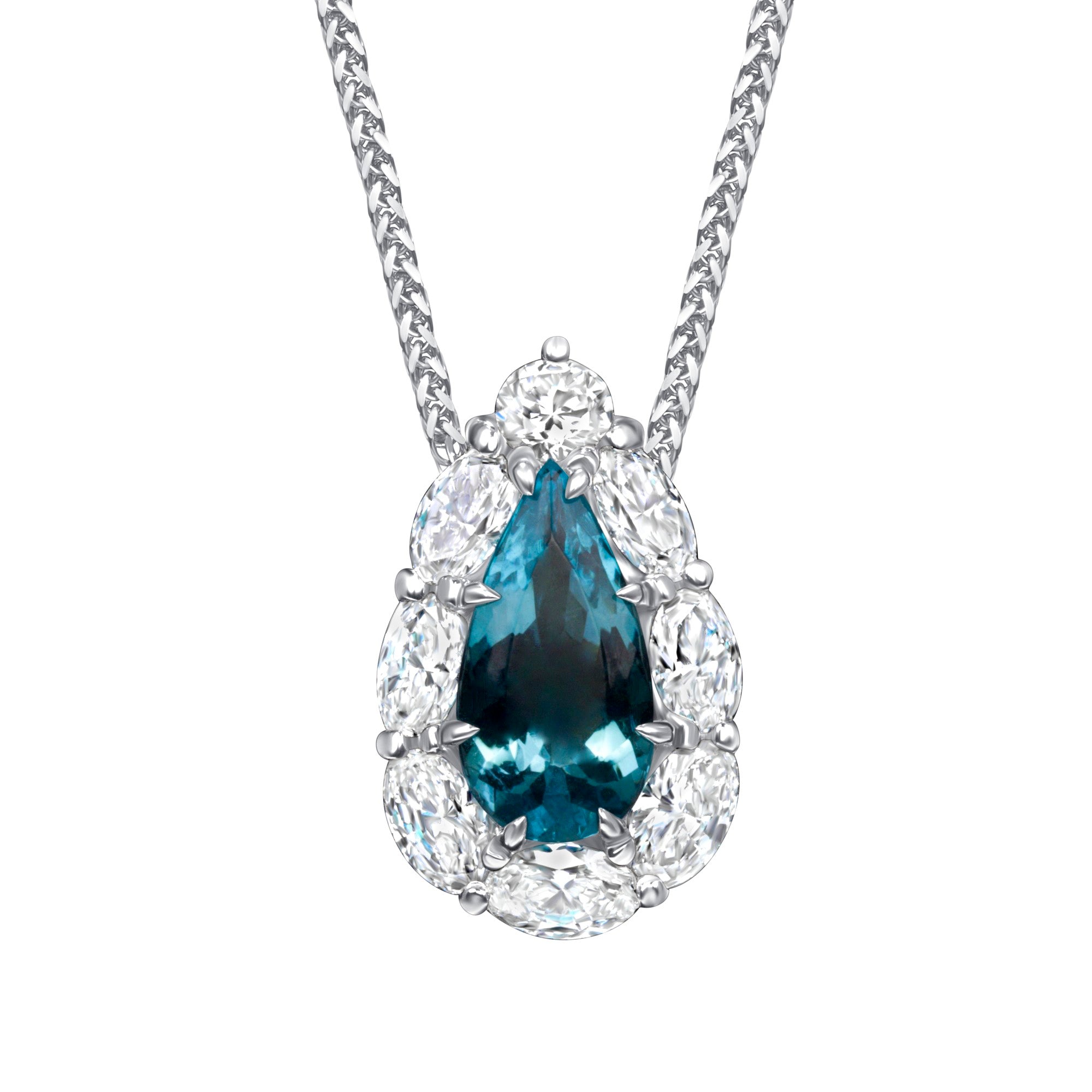 Paraiba Tourmaline and Diamond Pear-Cut Halo Pendant Necklace in 18K White Gold