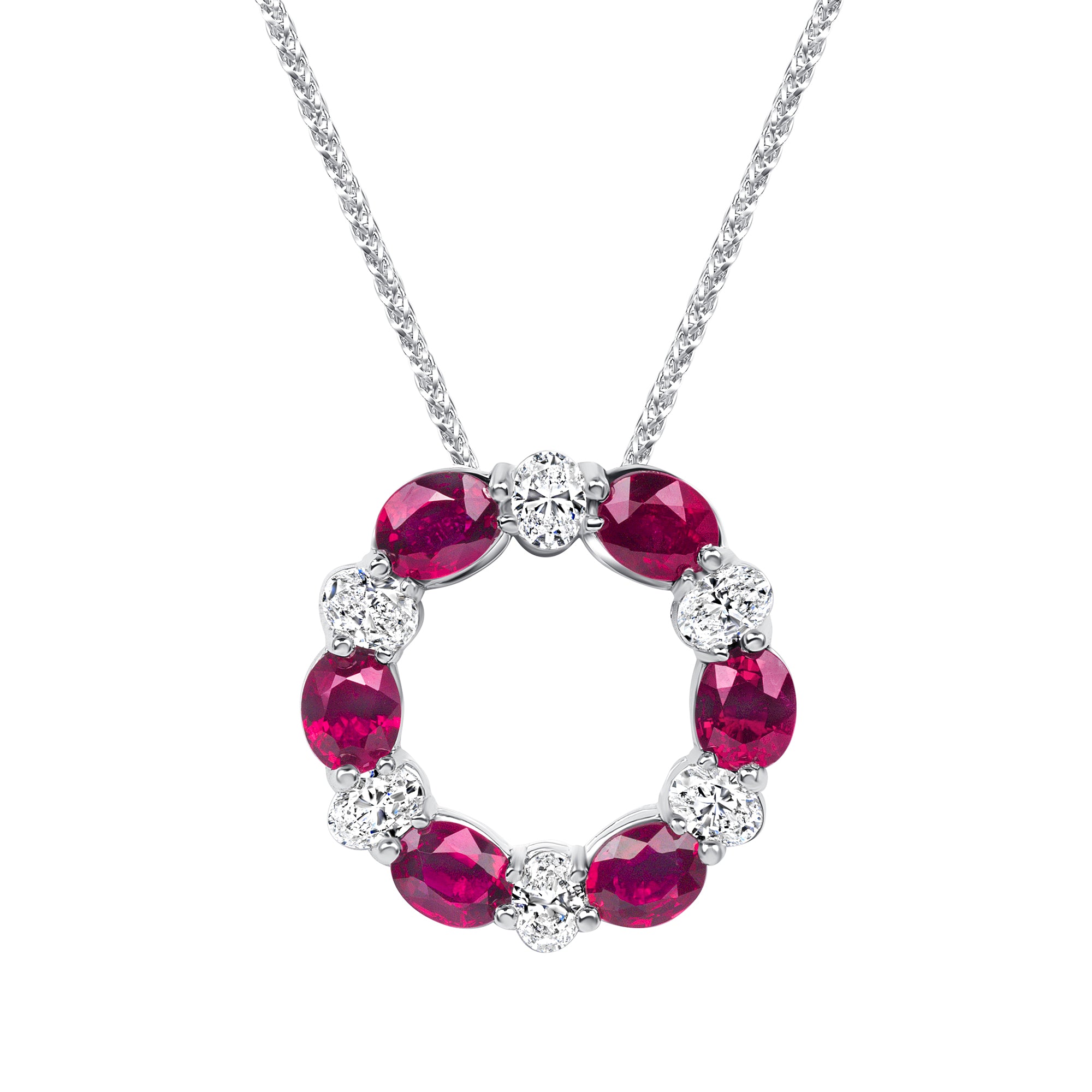 Circle Ruby and Diamond Pendant Necklace in 18K White Gold