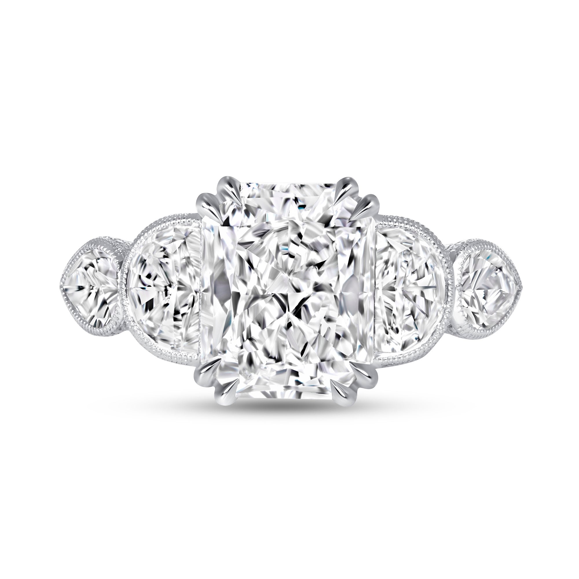 Radiant-Cut Diamond Three-Stone Ring with Milgrain Detail in Platinum