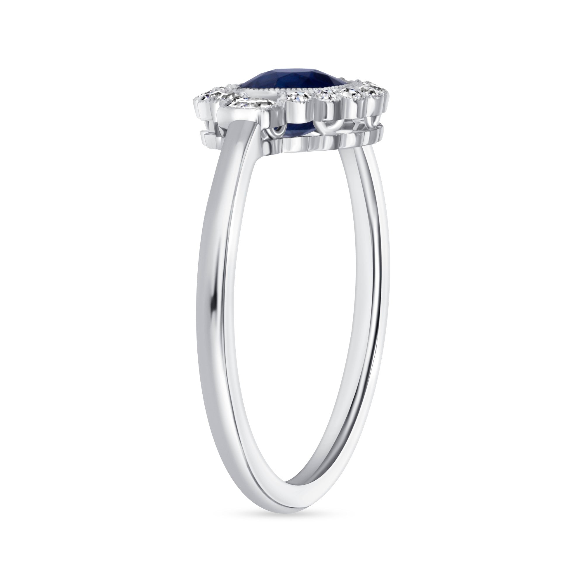 Blue Sapphire and Diamond Three Stone Halo Milgrain Ring in 18K White Gold