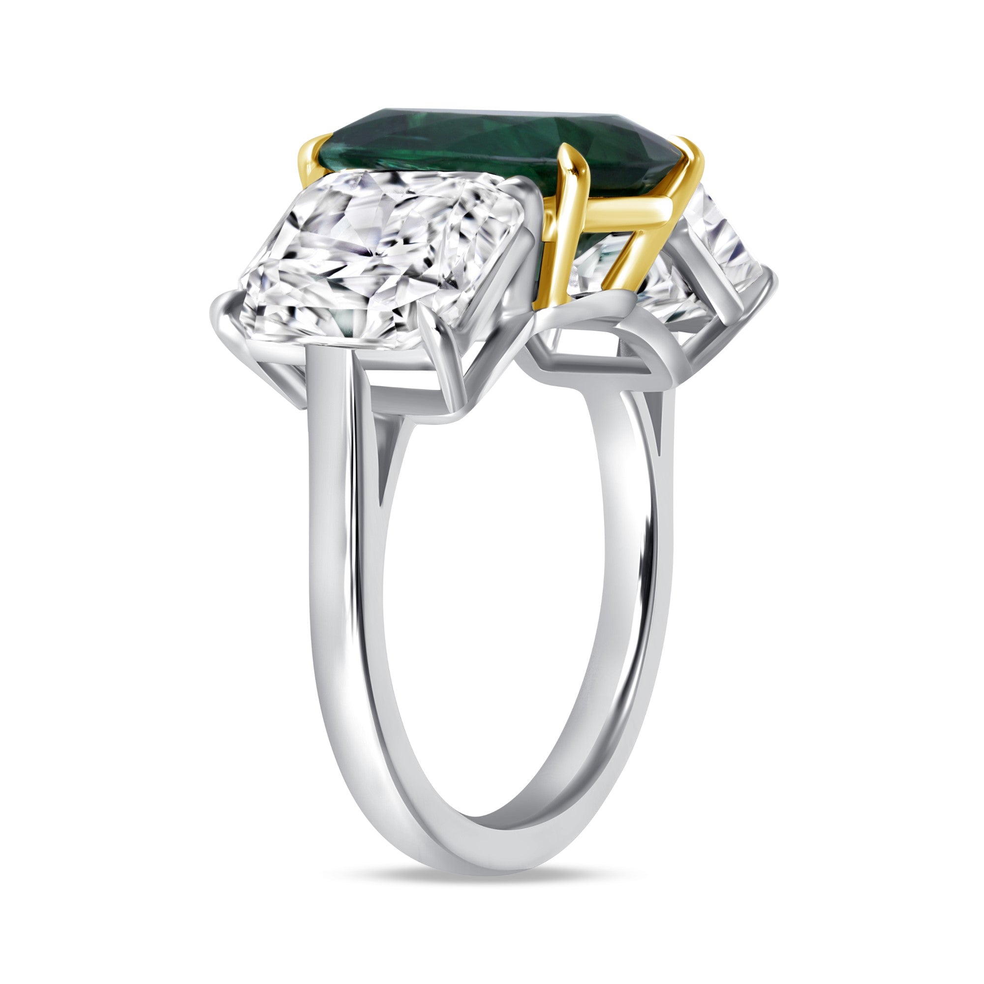 Cushion-Cut Emerald and Diamond Three-Stone Ring in Platinum and 18K Yellow Gold