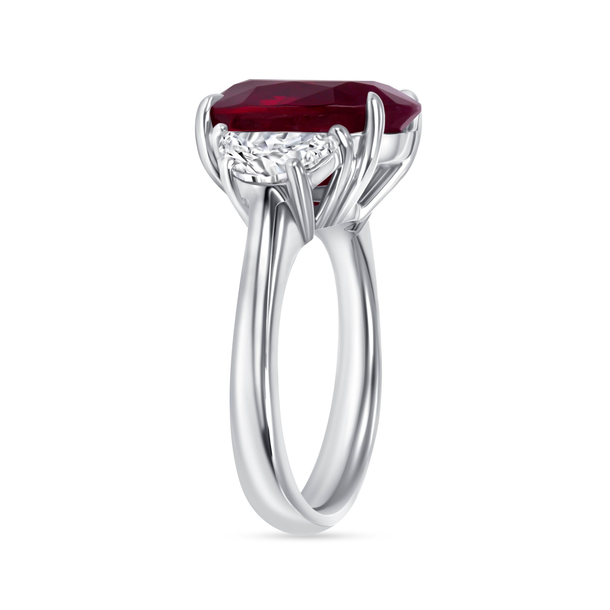 Oval Cut Ruby and Half-Moon Diamond Three Stone Ring in Platinum