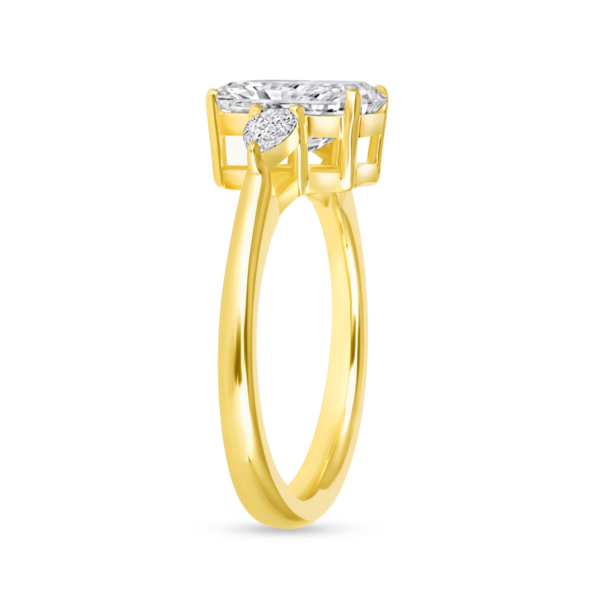 Radiant Cut Diamond Three Stone Engagement Ring with Pear Side Stones in 18K Yellow Gold