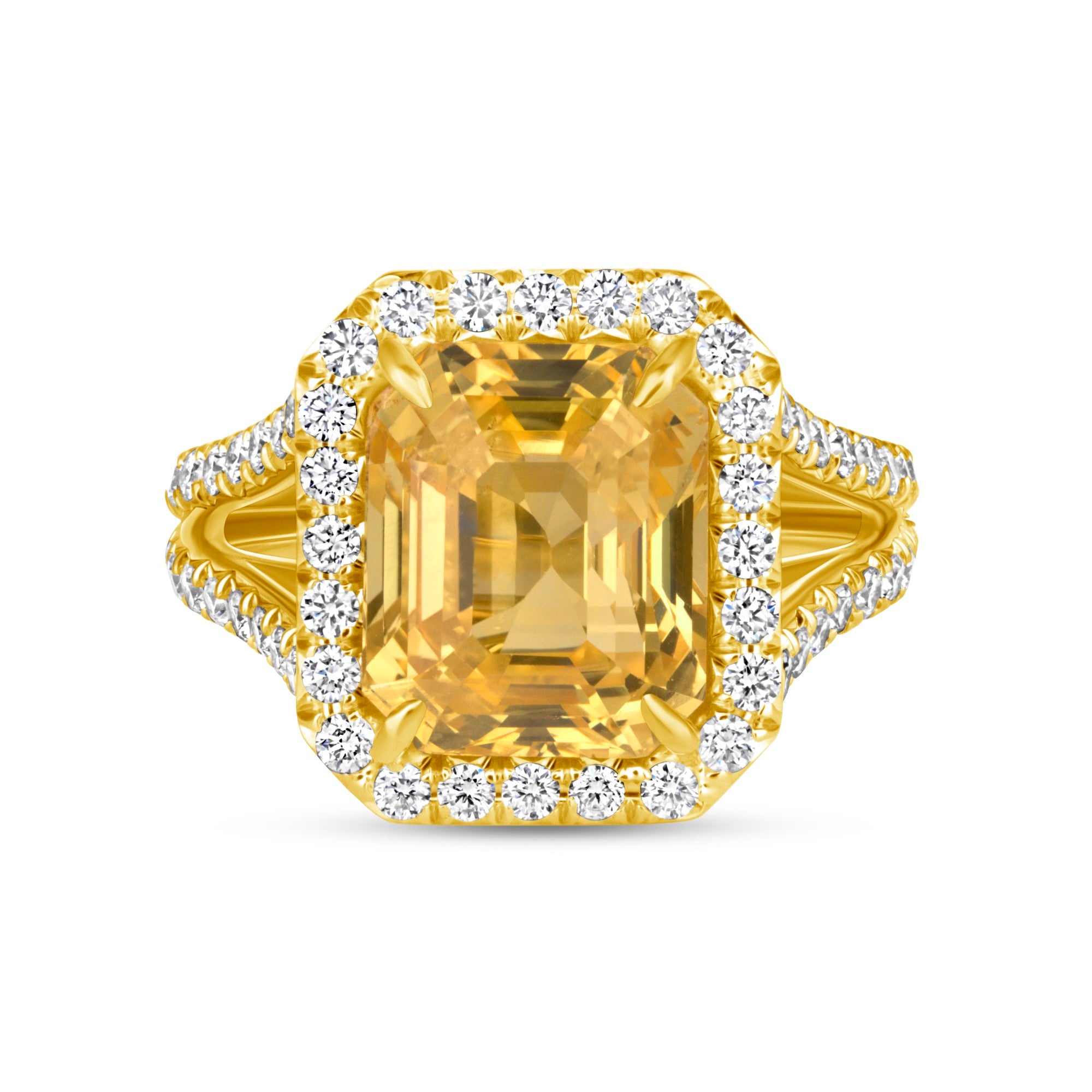 Emerald Cut Yellow Diamond Halo Pavé Ring in 18K Yellow Gold