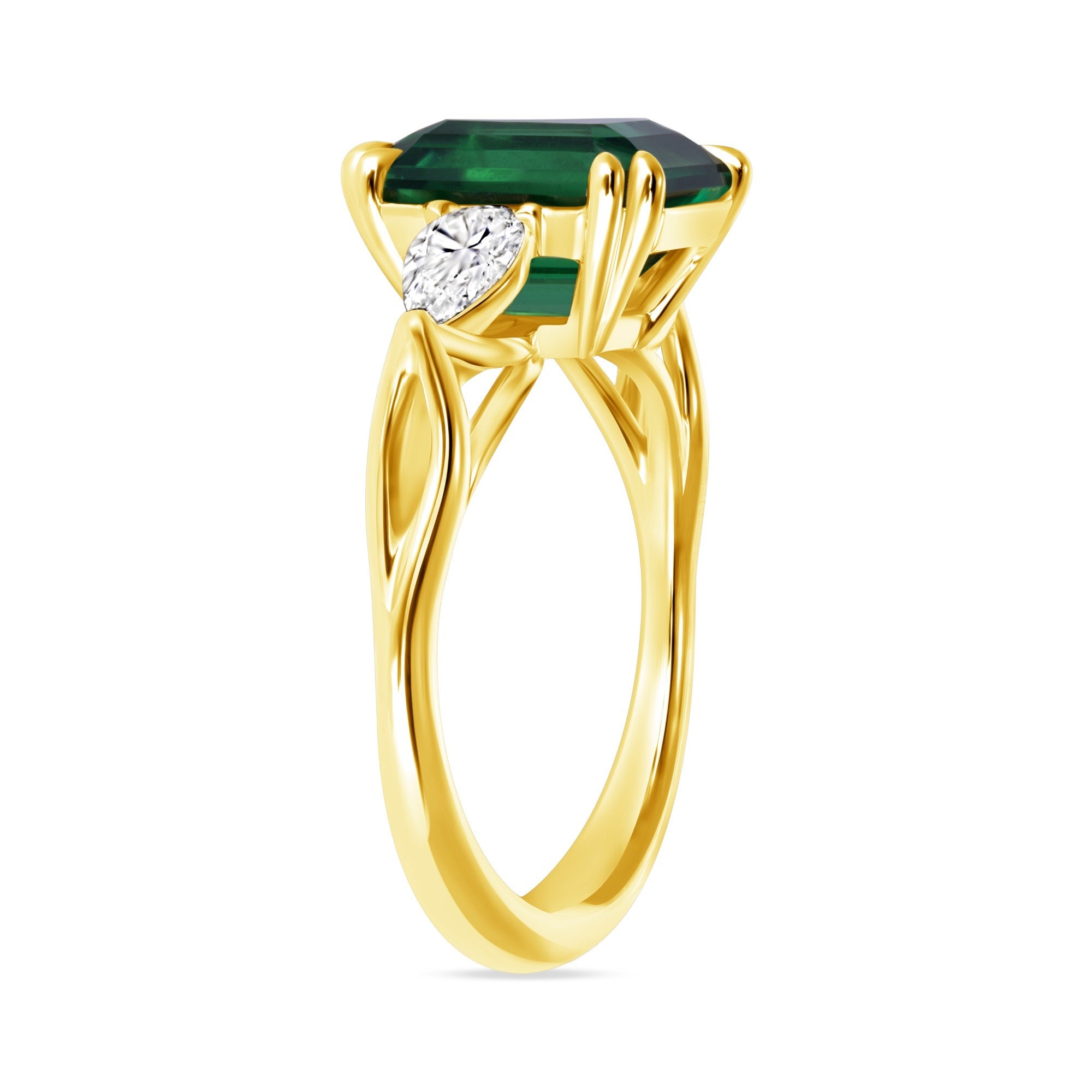Emerald-Cut Emerald and Diamond Three-Stone Ring in 18K Yellow Gold