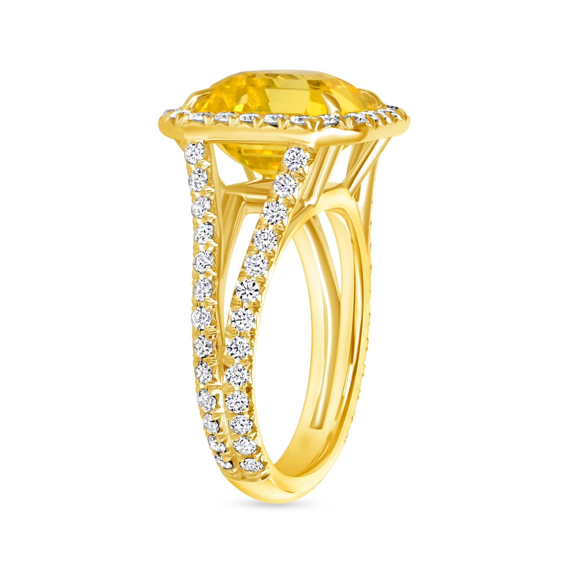 Emerald Cut Yellow Diamond Halo Pavé Ring in 18K Yellow Gold