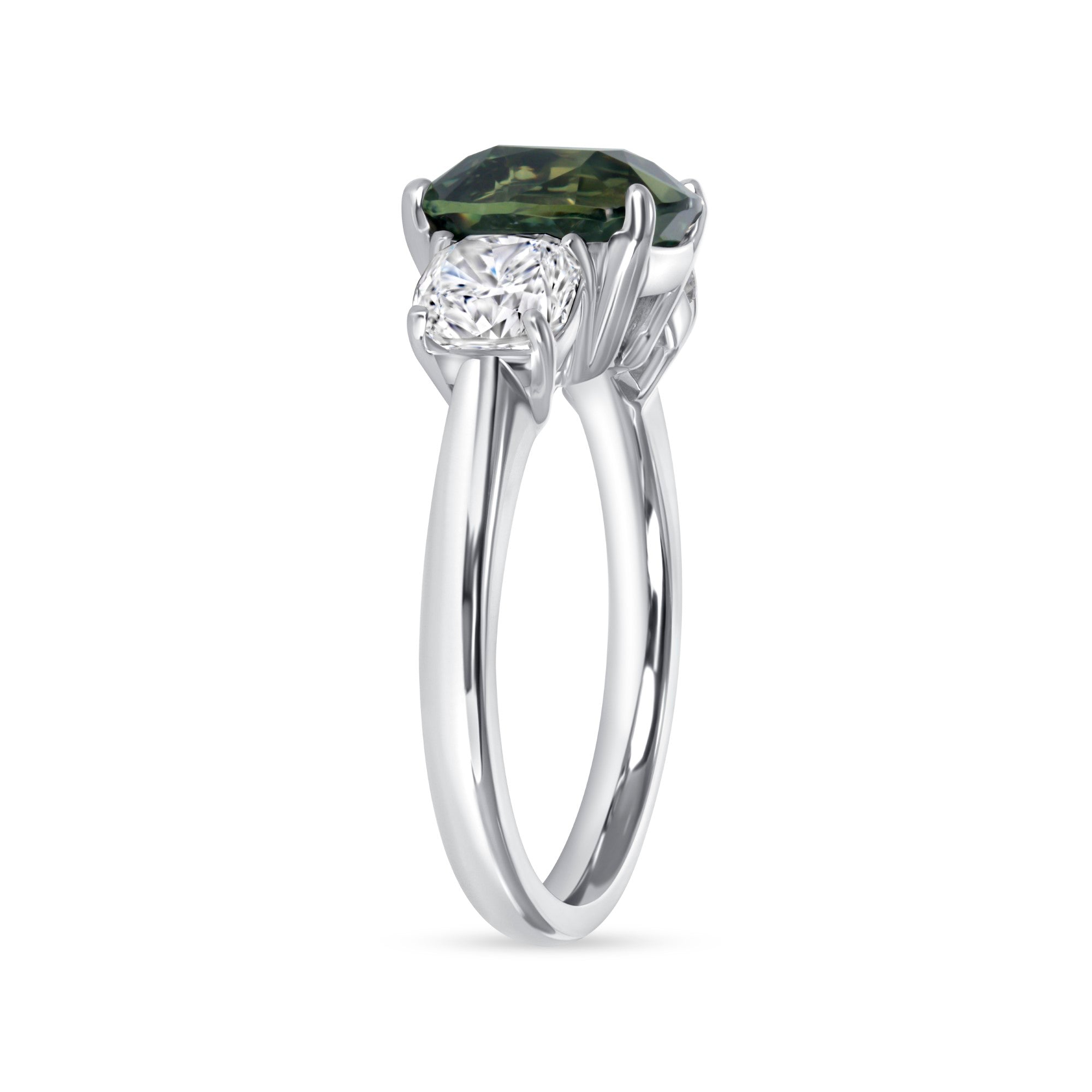 Cushion Cut Green Sapphire and Diamond Three Stone Ring in Platinum