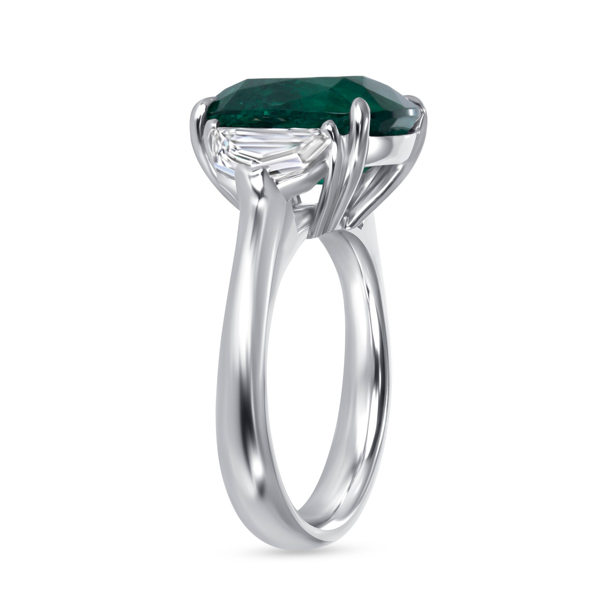 Cushion Cut Emerald and Diamond Three Stone Ring in Platinum