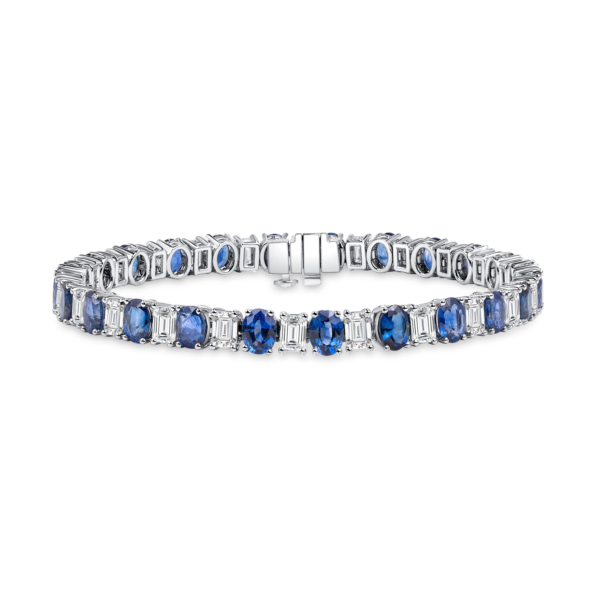 15.08 Oval Cut Sapphire & Emerald Cut Diamond Tennis Bracelet in 18K White Gold