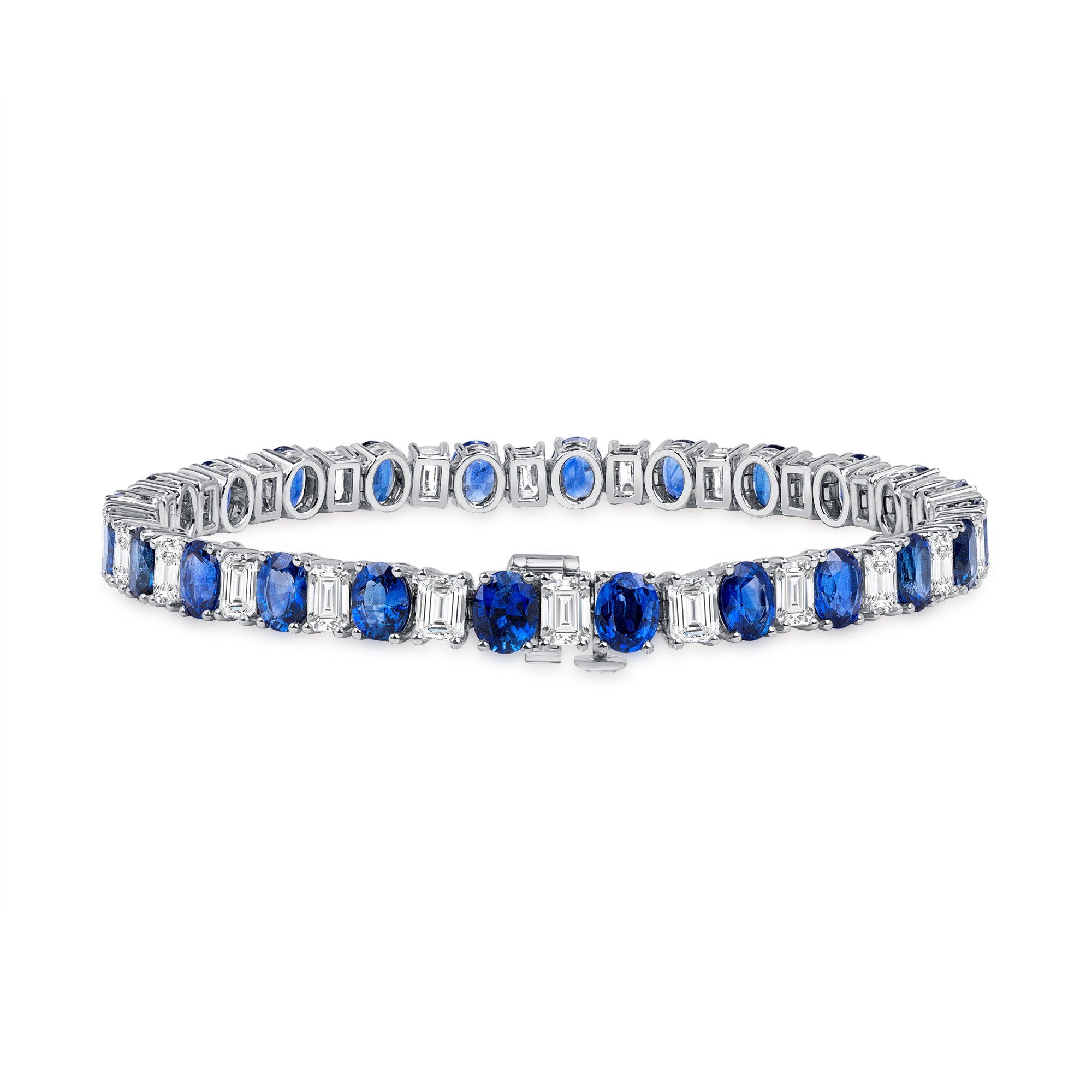 15.08 Oval Cut Sapphire & Emerald Cut Diamond Tennis Bracelet in 18K White Gold