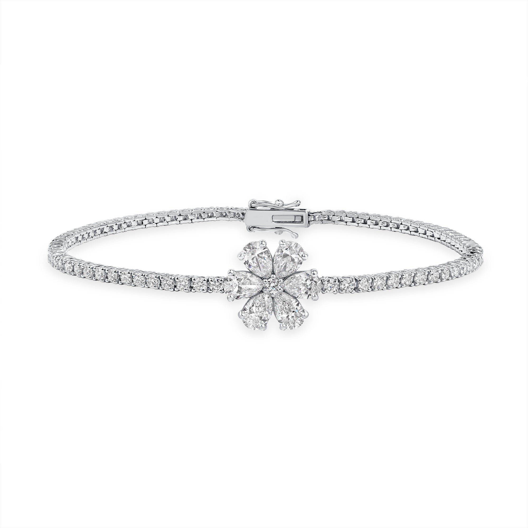 4.00ctw Mixed Cut Diamond Tennis Bracelet With Flower Accent Stone in 18K White Gold