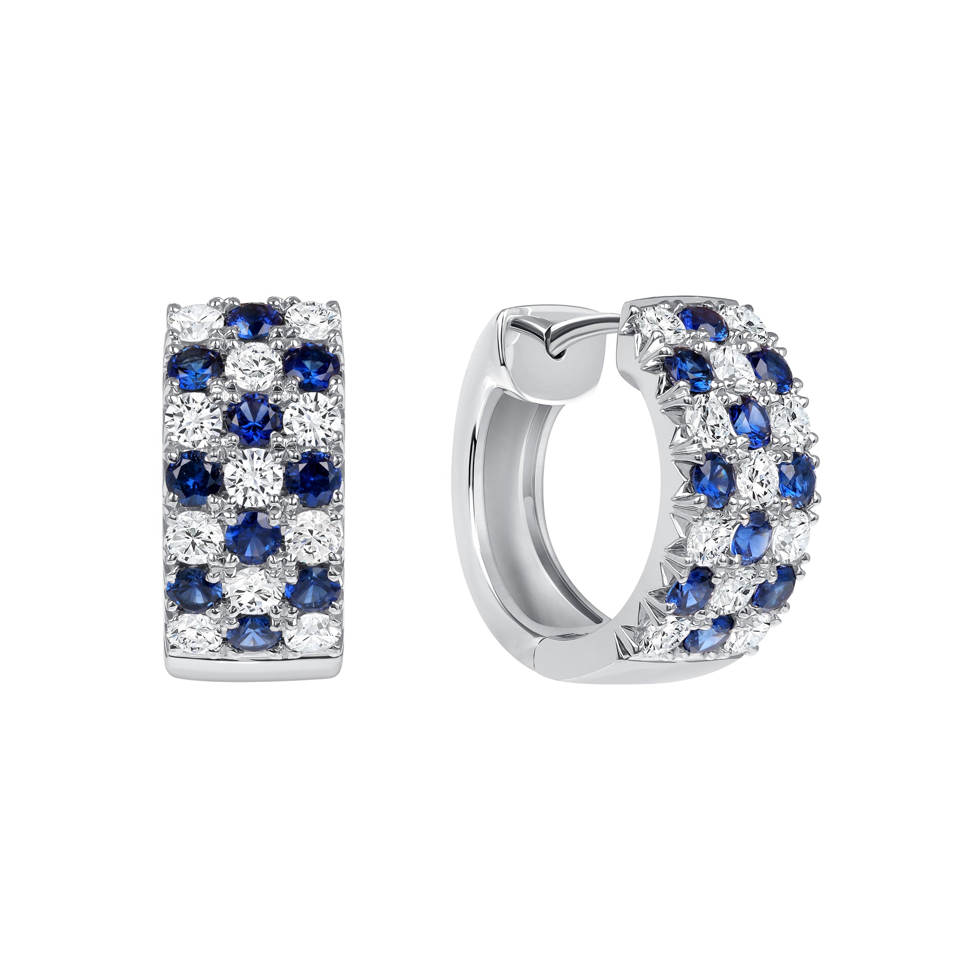 Checkered Sapphire and Diamond Huggie Earrings in 18K White Gold