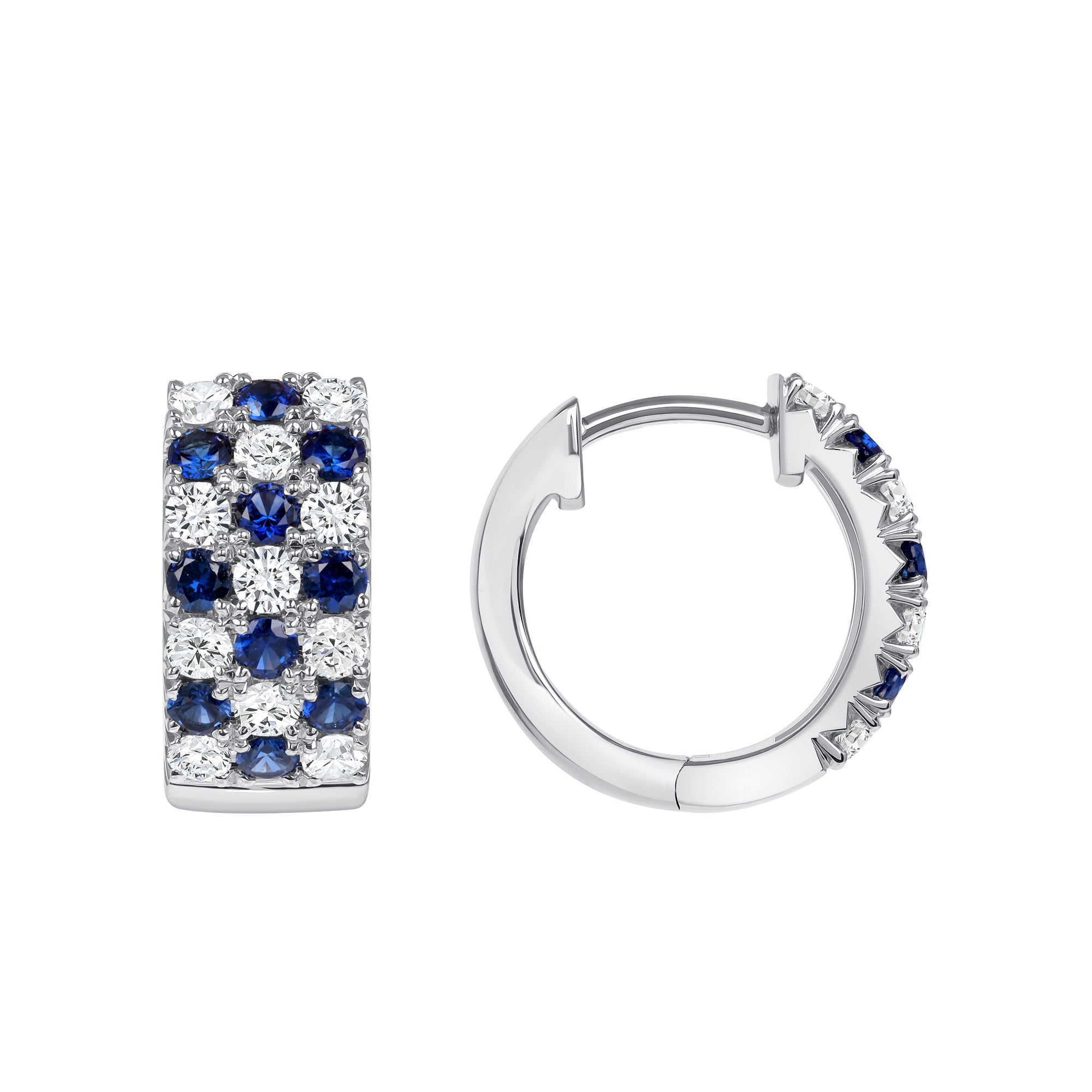 Checkered Sapphire and Diamond Huggie Earrings in 18K White Gold