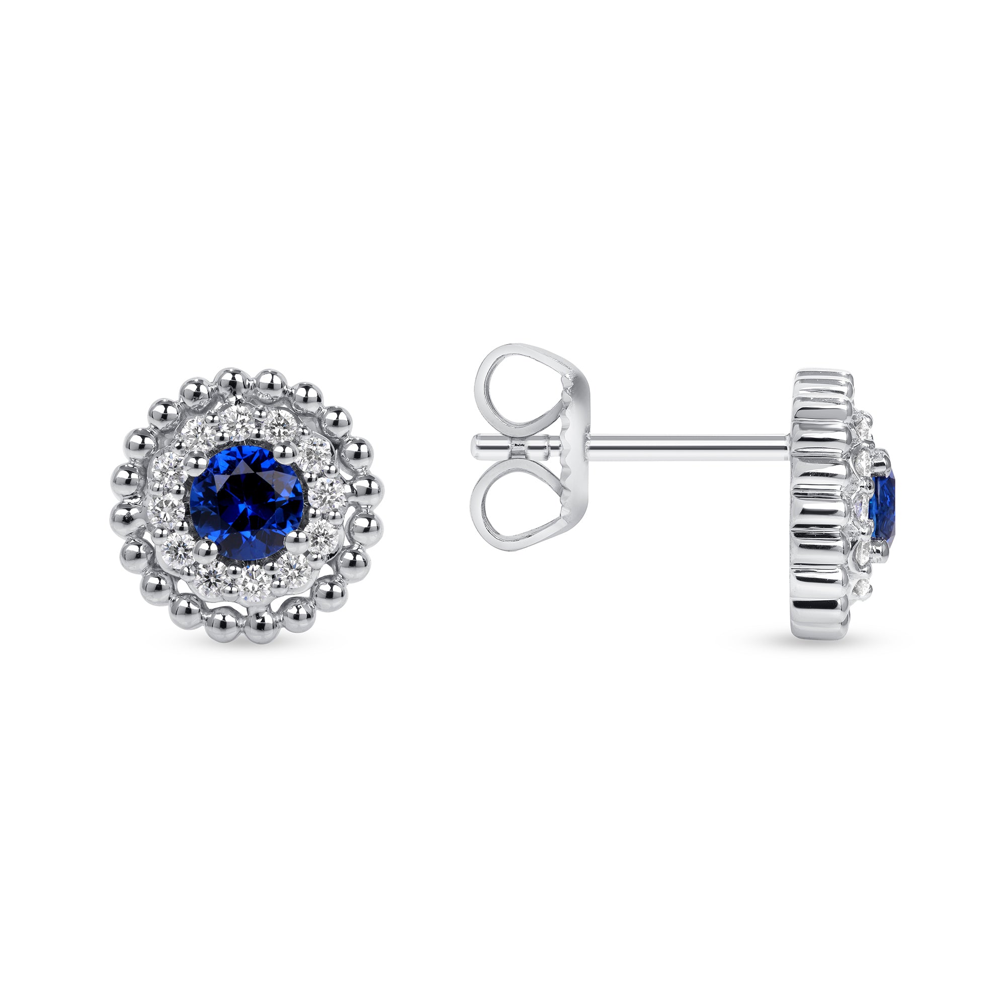 Sapphire Centered and Diamond Stud Earrings in 18K White Gold