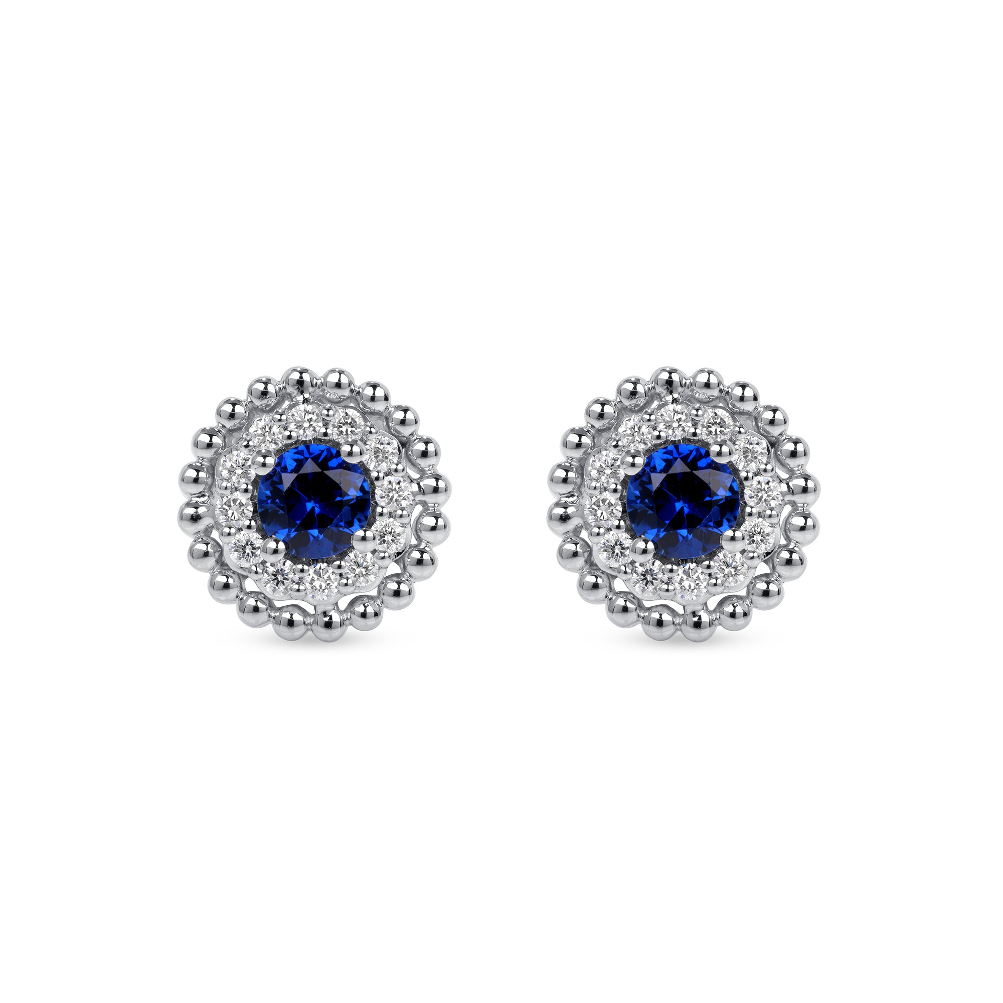 Sapphire Centered and Diamond Stud Earrings in 18K White Gold