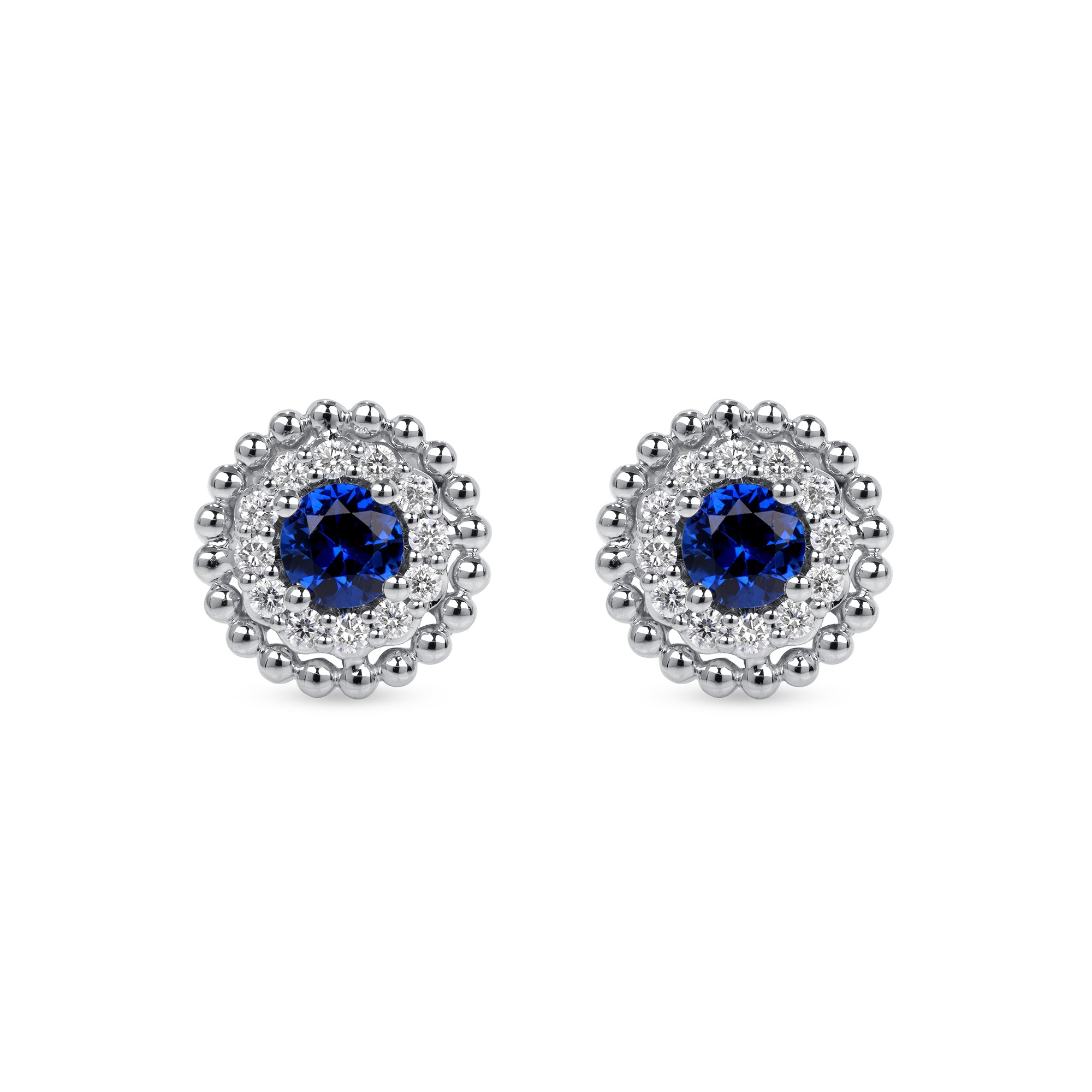 Sapphire Centered and Diamond Stud Earrings in 18K White Gold