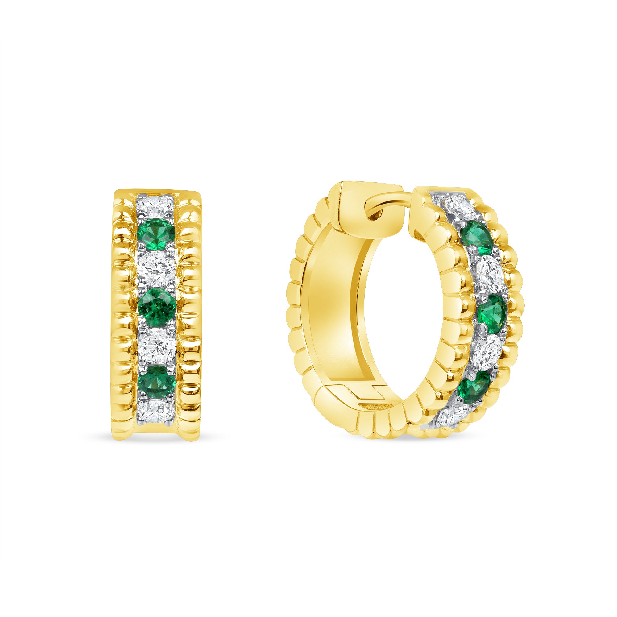 Alternating Diamond and Emerald Huggie Earrings in 18K Yellow Gold