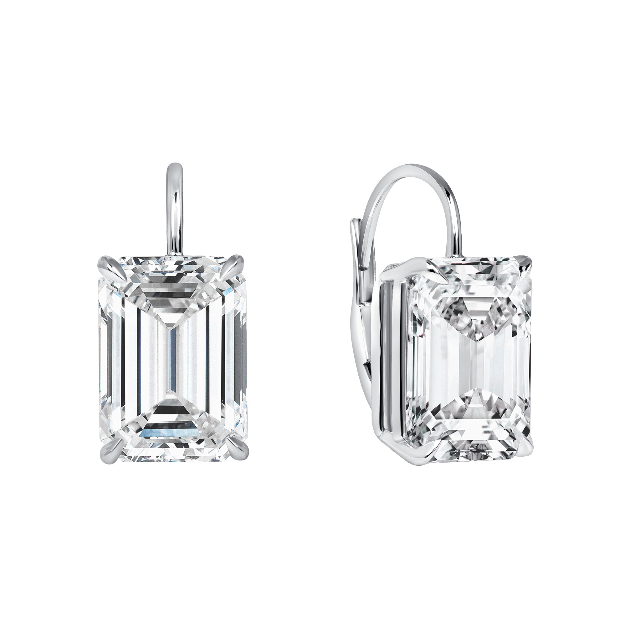 Emerald Cut Diamond Leverback Earrings in 18K White Gold, GIA Certified