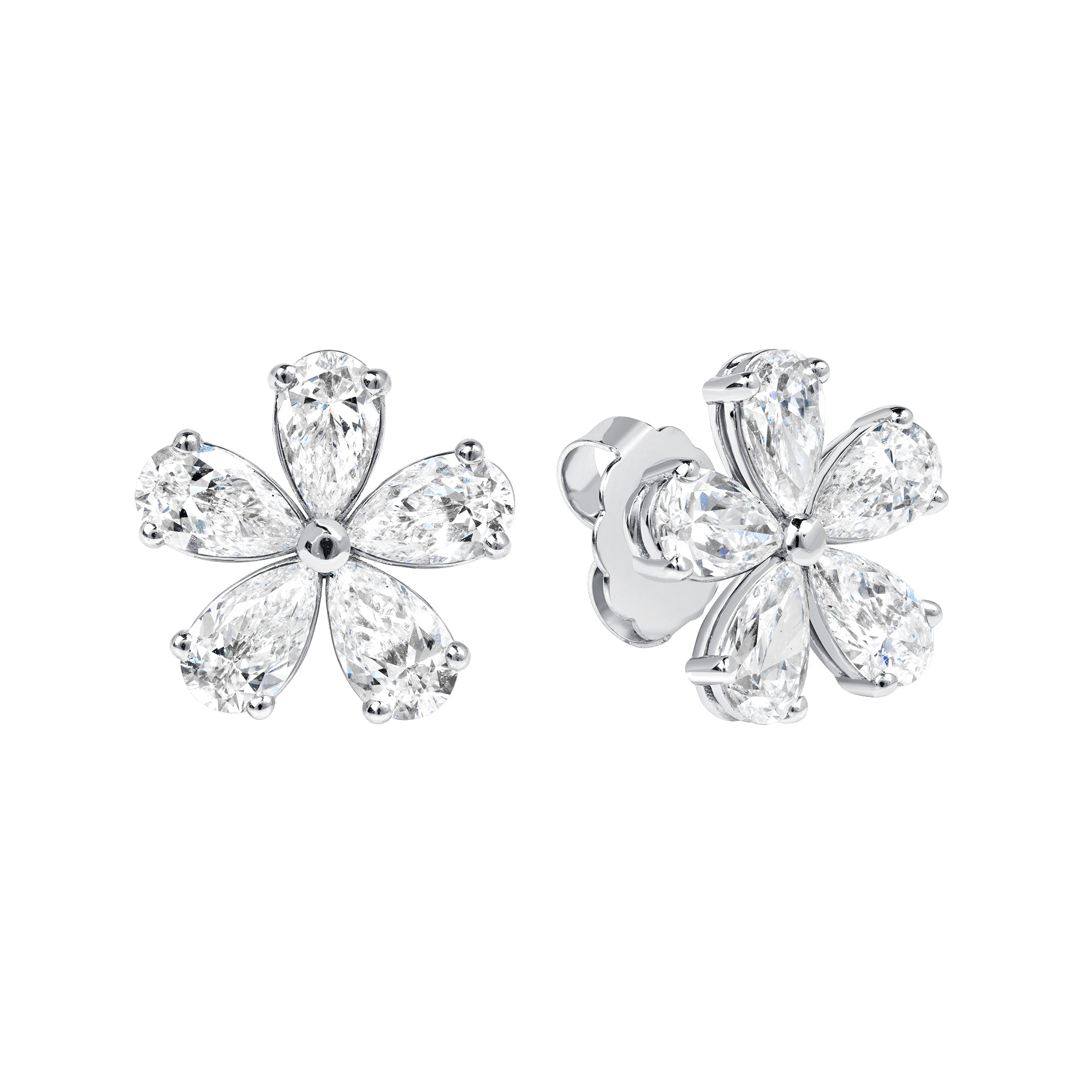 5 Petal Flower Diamond Stud Earrings in 18K White Gold, GIA Certified
