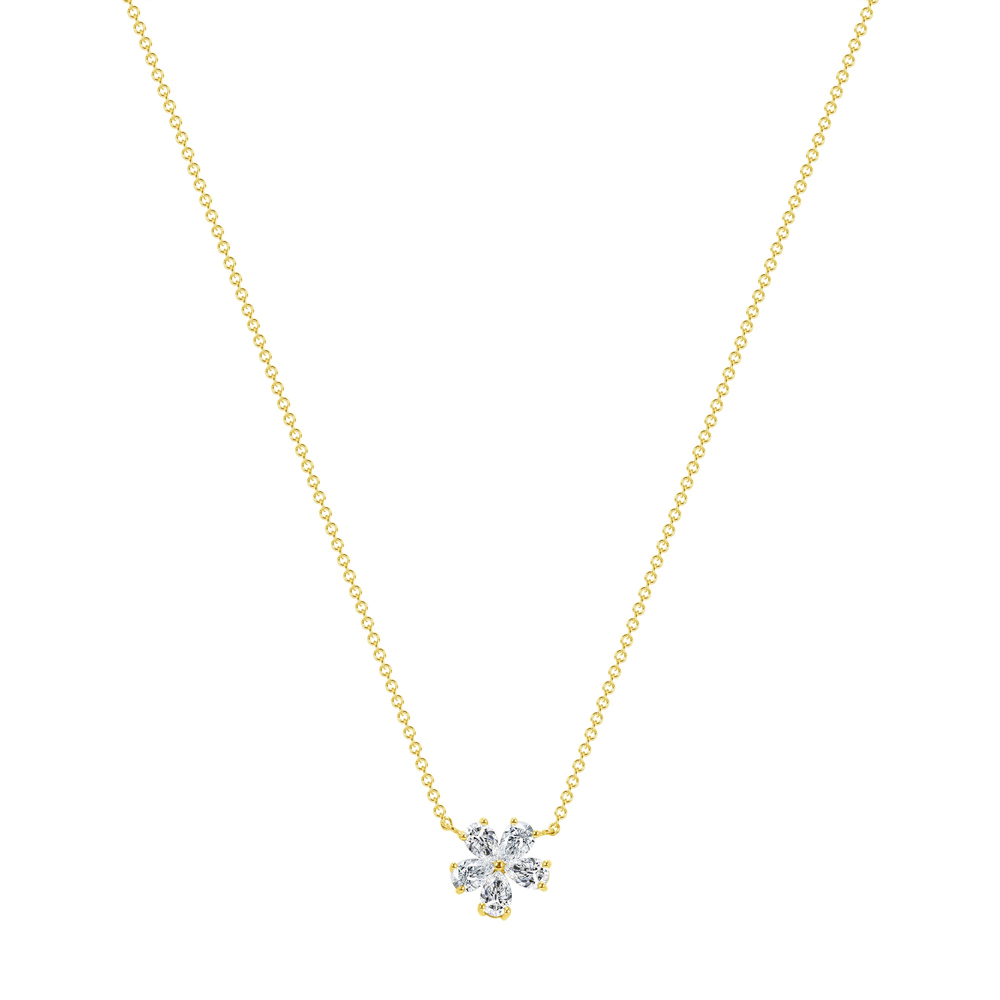 5 Petal Flower Pear Shape Diamond Pendant Necklace in 18K Yellow Gold