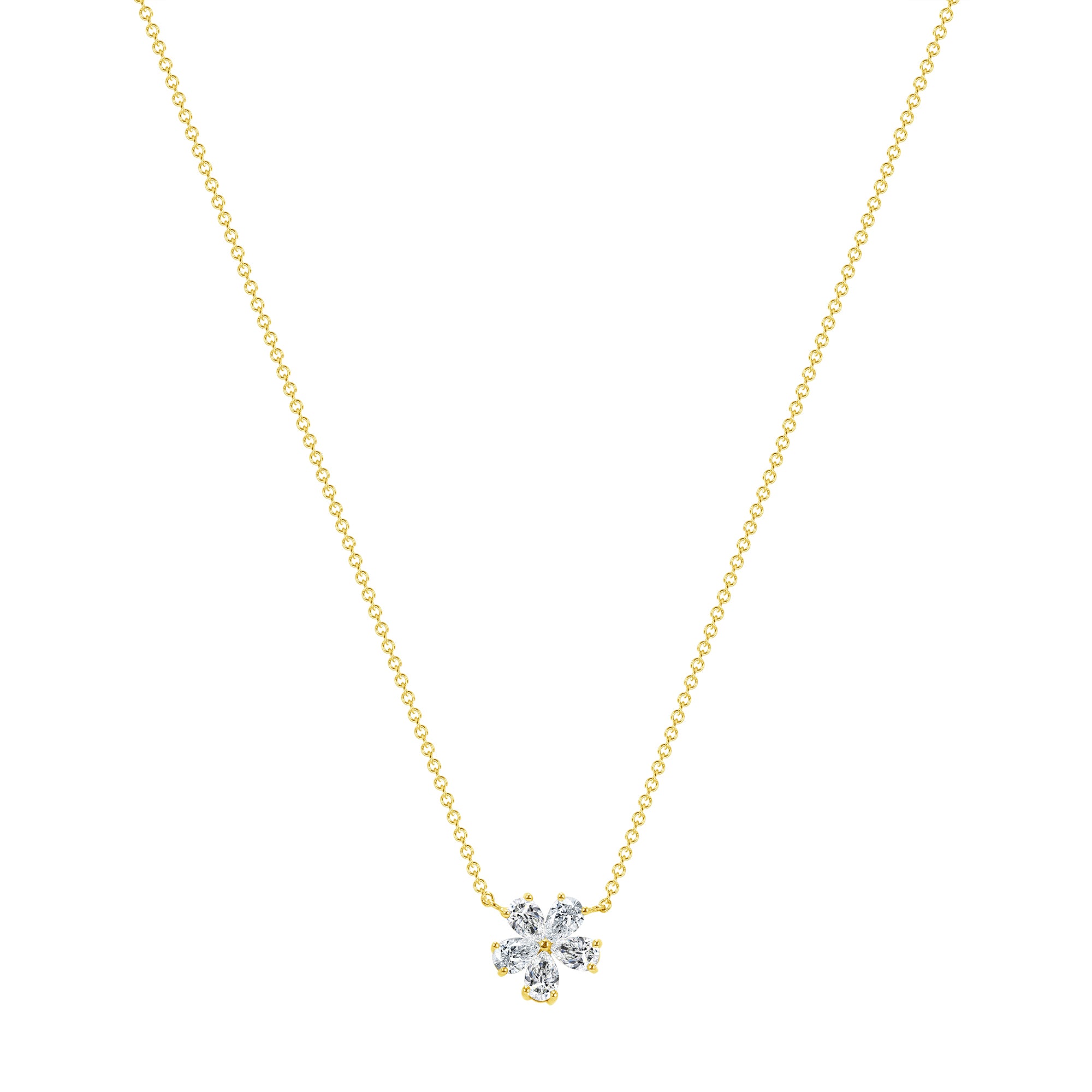 5 Petal Flower Pear Shape Diamond Pendant Necklace in 18K Yellow Gold