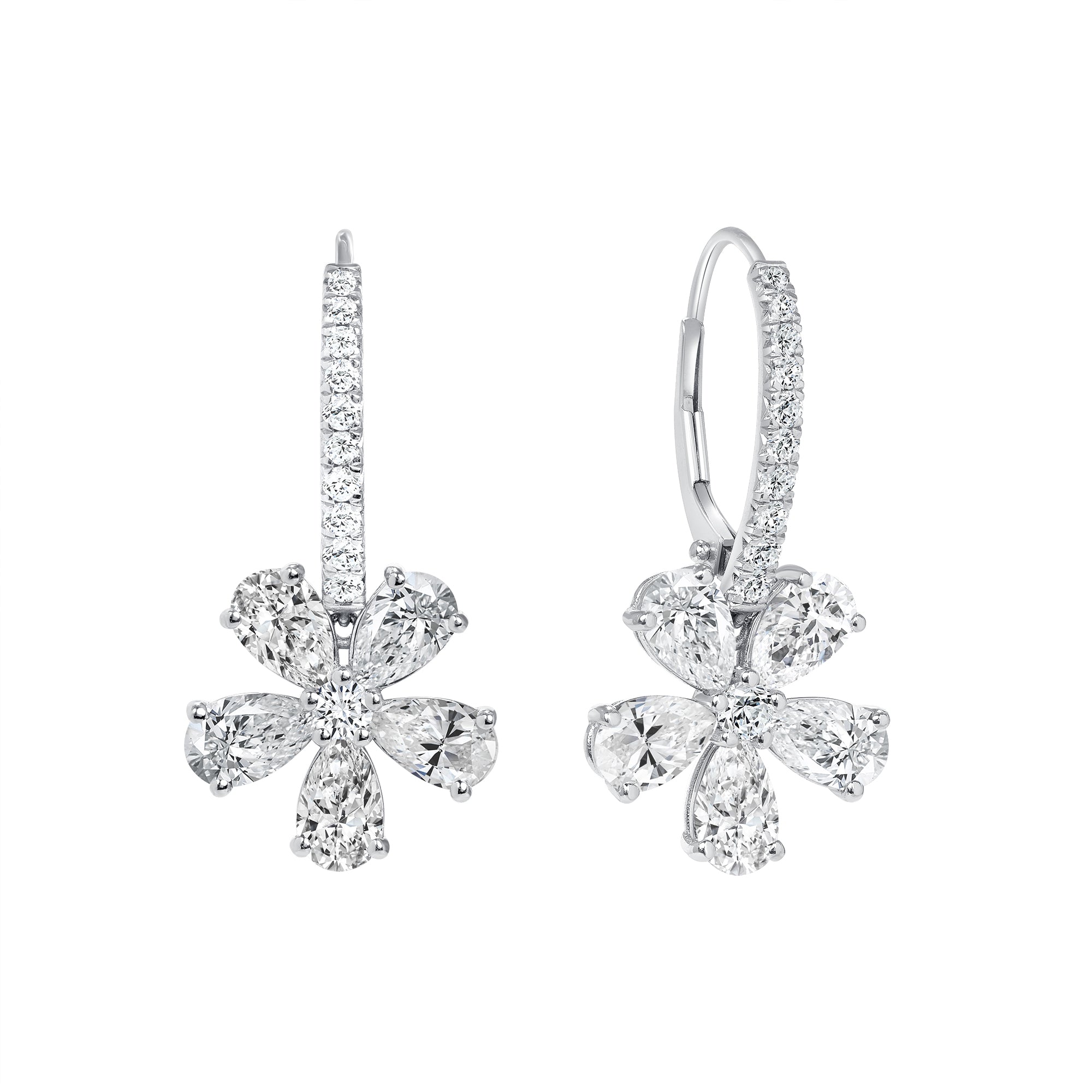 5 Petal Flower Diamond Dangle Leverback Earrings in 18K White Gold