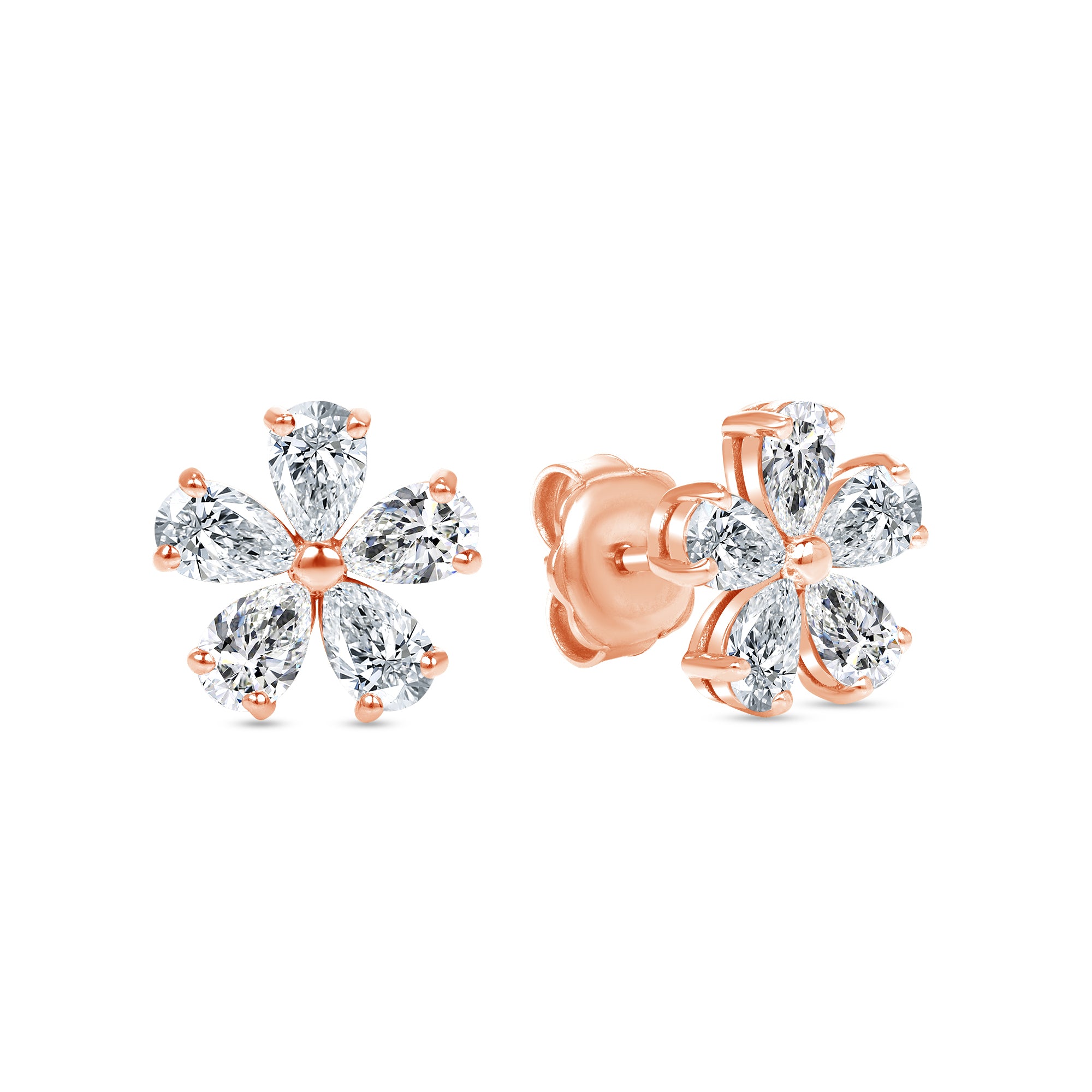 5 Petal Flower Pear Shape Diamond Stud Earrings in 18K Rose Gold