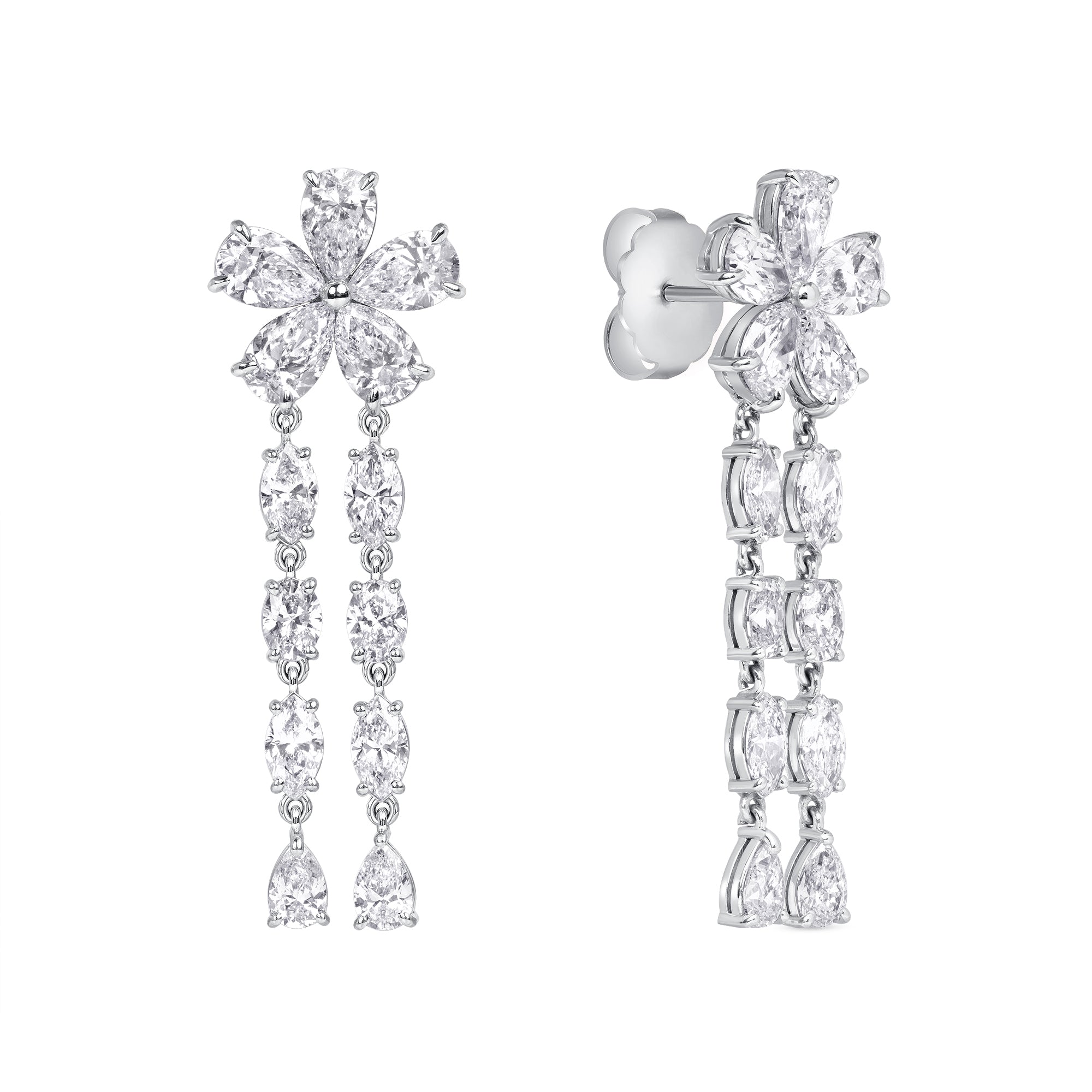 9.09ctw Flower Shape Diamond Dangle Earrings with Fancy Shaped Diamond Drops in 18K White Gold