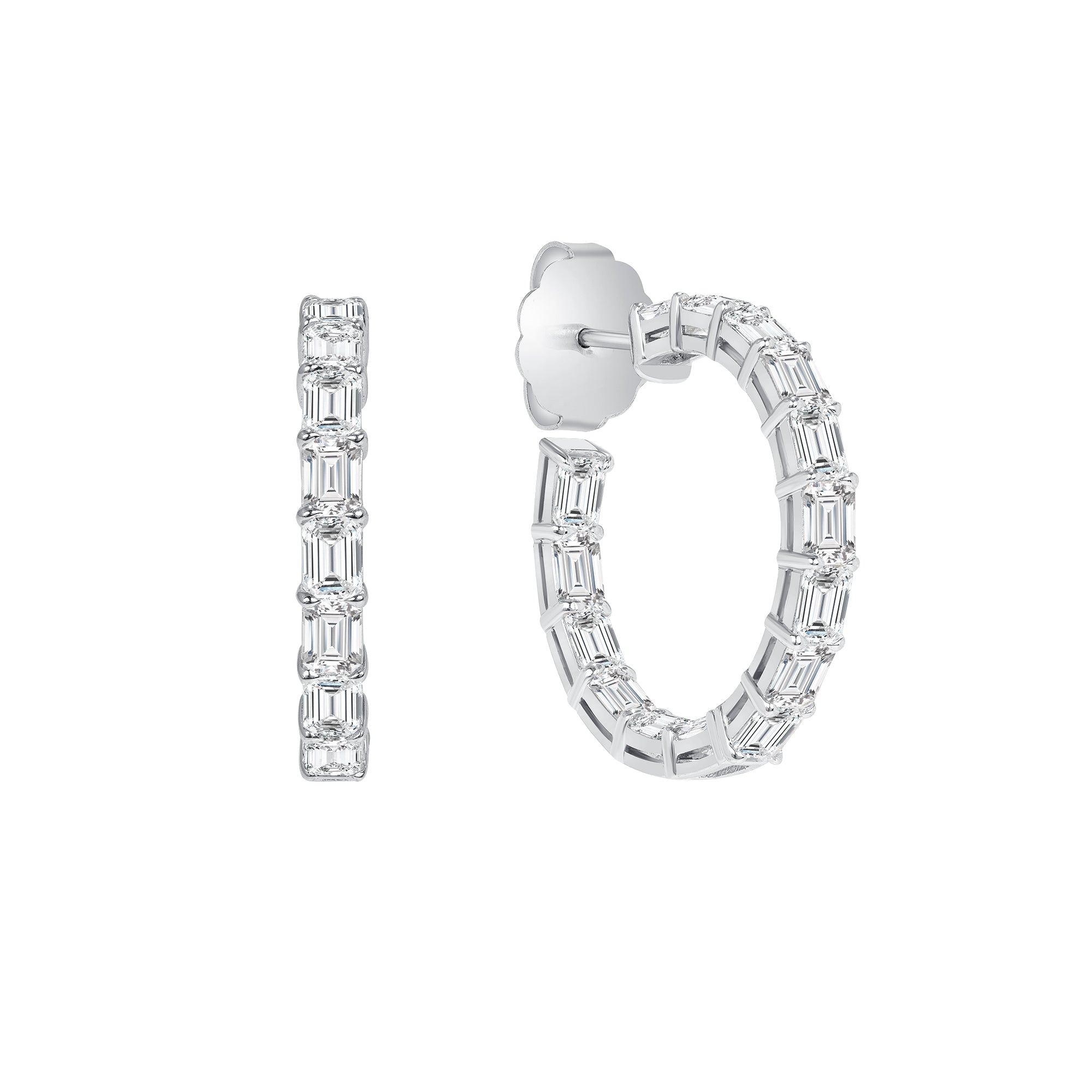 Emerald Cut Diamond Hoop Earrings in 18K White Gold