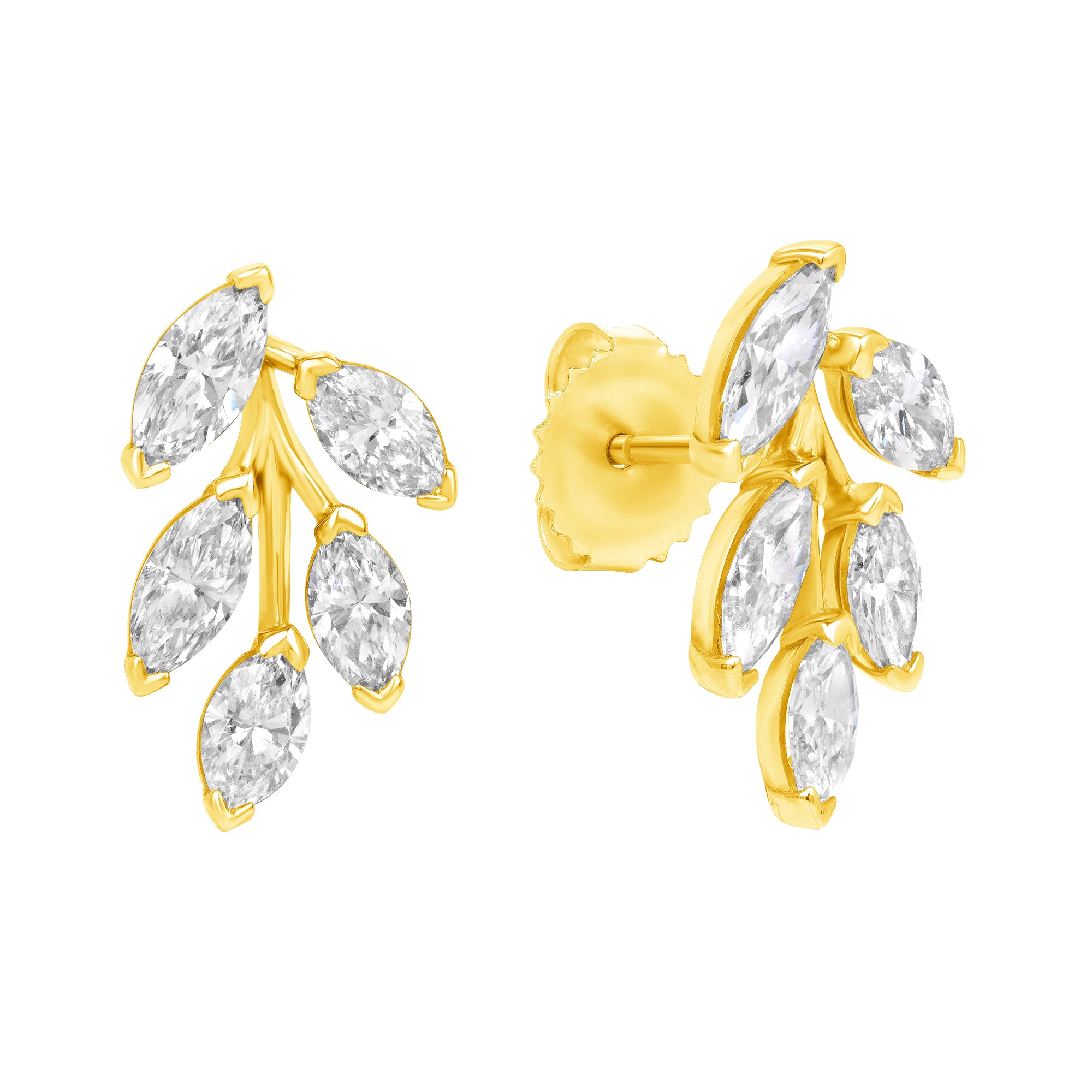 Dimensional Leaf Shape Marquise Diamond Stud Earrings in 18K Yellow Gold