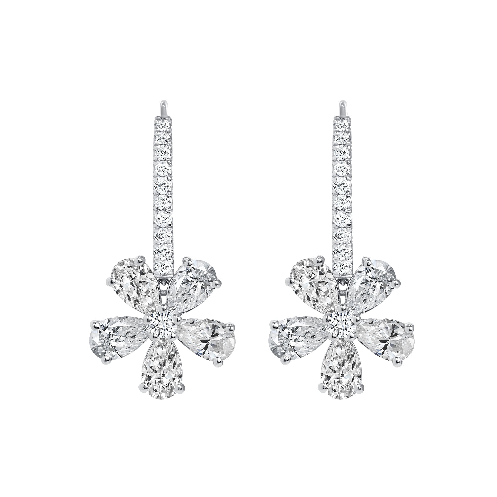 5 Petal Flower Diamond Dangle Leverback Earrings in 18K White Gold