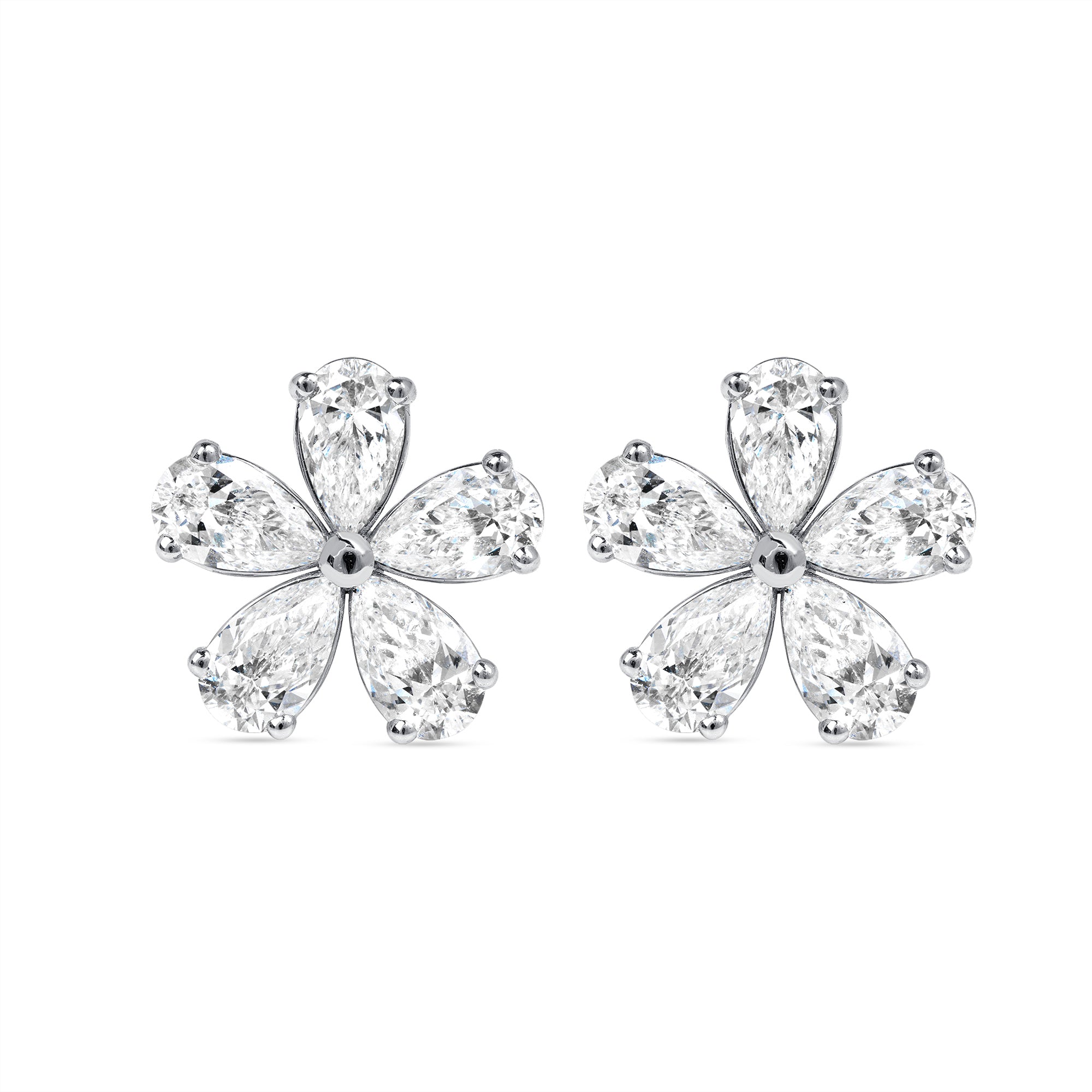 5 Petal Flower Diamond Stud Earrings in 18K White Gold, GIA Certified