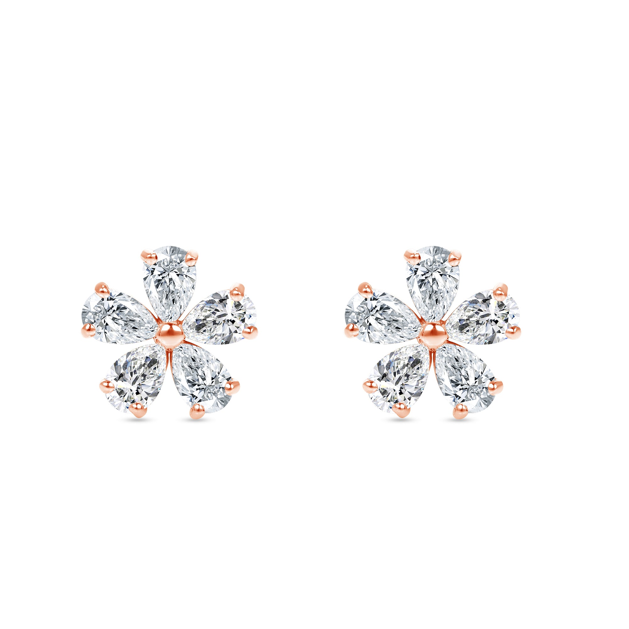 5 Petal Flower Pear Shape Diamond Stud Earrings in 18K Rose Gold