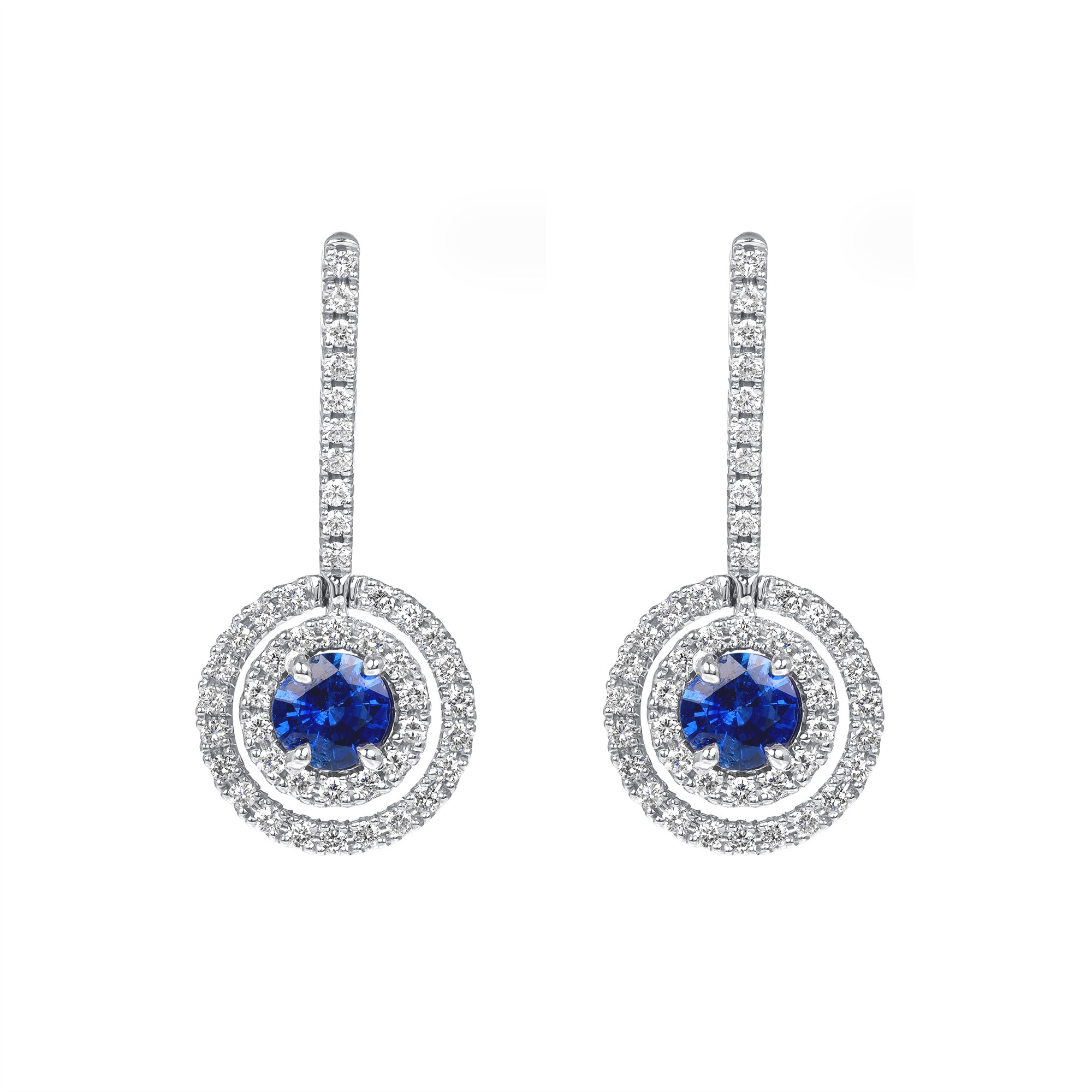 Round Brilliant Sapphire Center Stone and Diamond Leverback Earrings in 18K White Gold