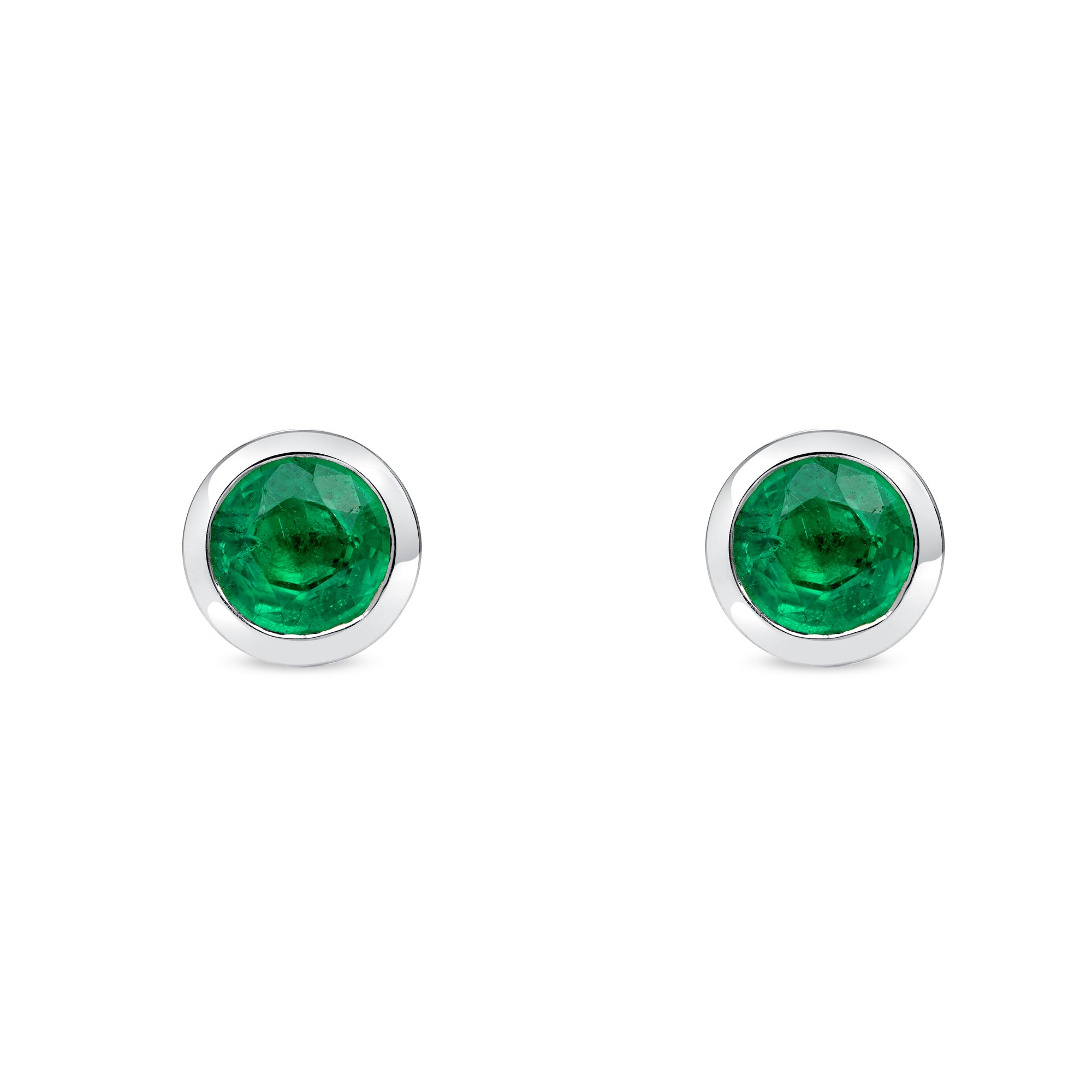 Green Emerald Bezel Set Earrings In 18 Karat White Gold