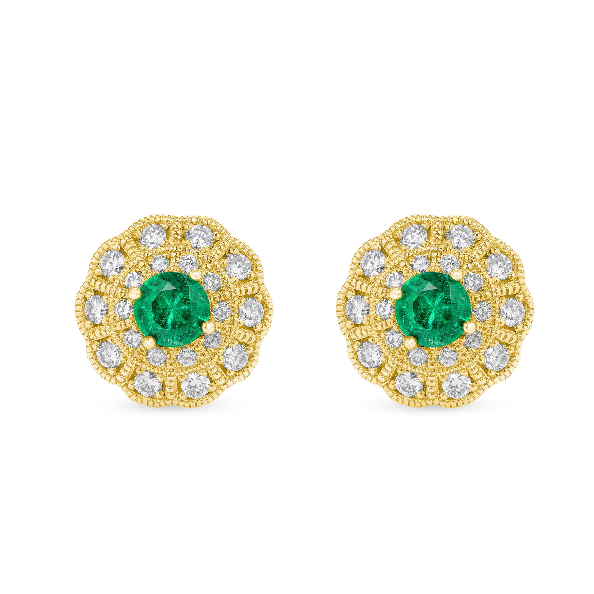 Green Emerald And Diamond Halo Earrings In 18 karat Yellow gold