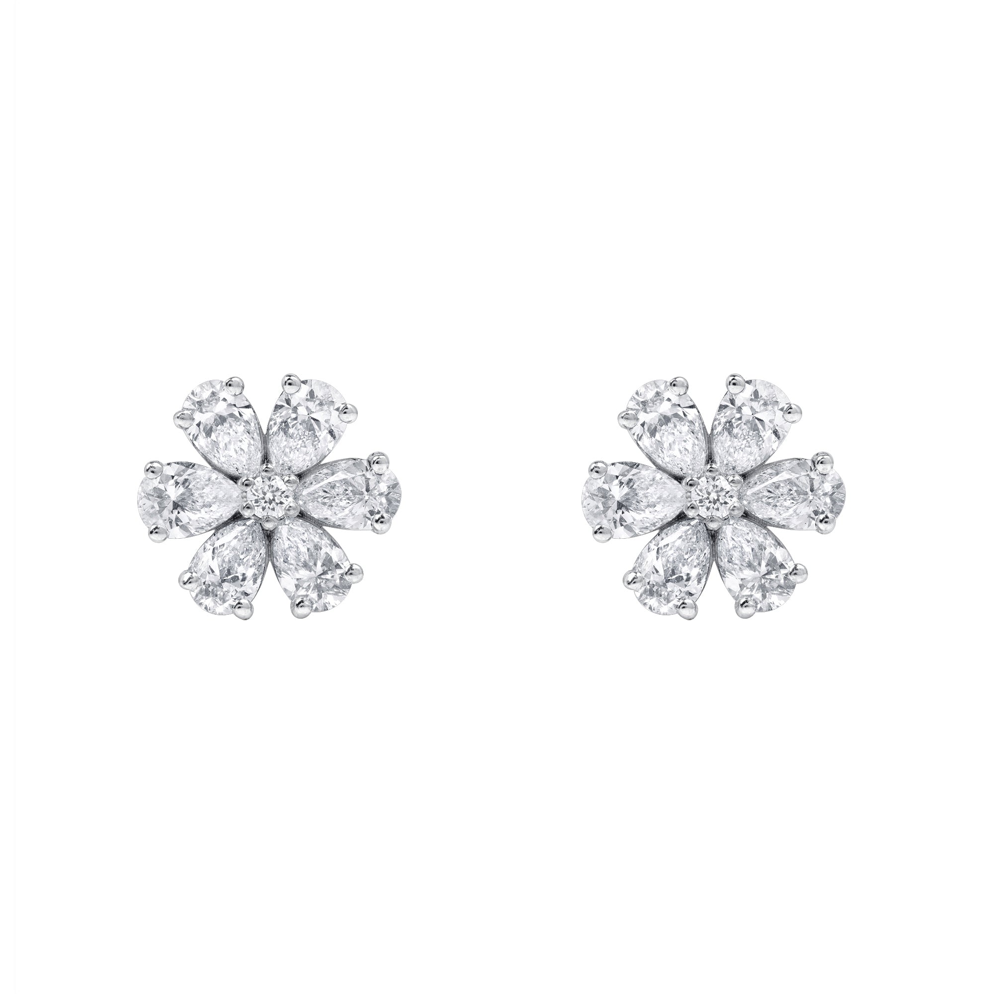 6 Petal Flower Diamond Stud Earrings in 18K White Gold